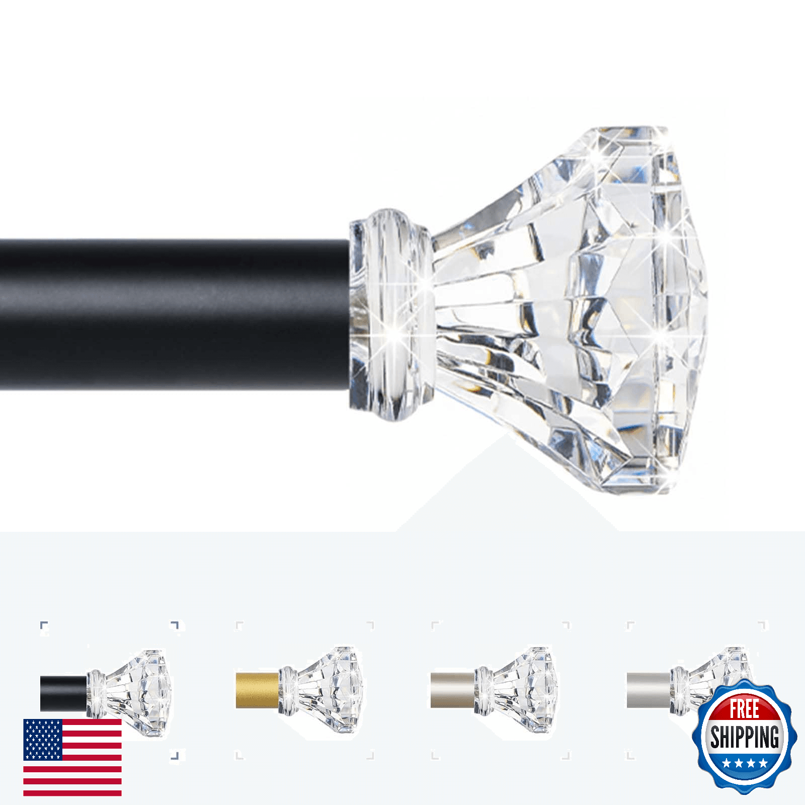 TVWOO Black Decorative Crystal Curtain Rods 18 to 45 Inch:Heavy Duty Adjustable - Image 1