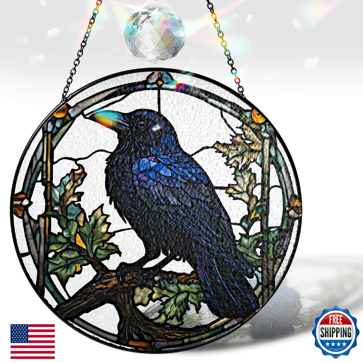 7.8" Crow Stained Glass Suncatchers Art Glass Ravens for Sun Catcher Indoor Goth - Image 1