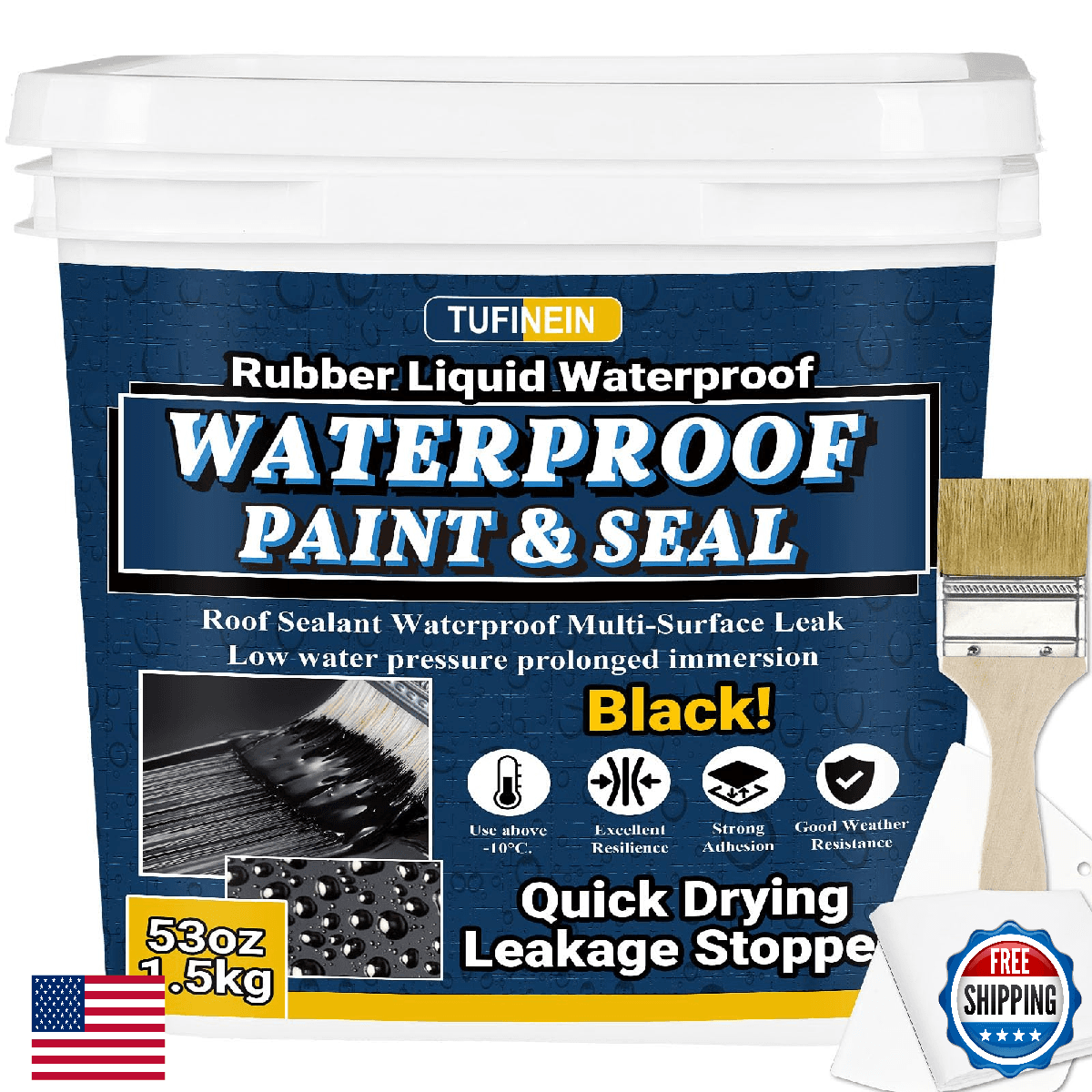 TUFINEIN Rubber Liquid Waterproof Sealant 53oz Black Quick-Dry Multi-Surface Lea - Image 1