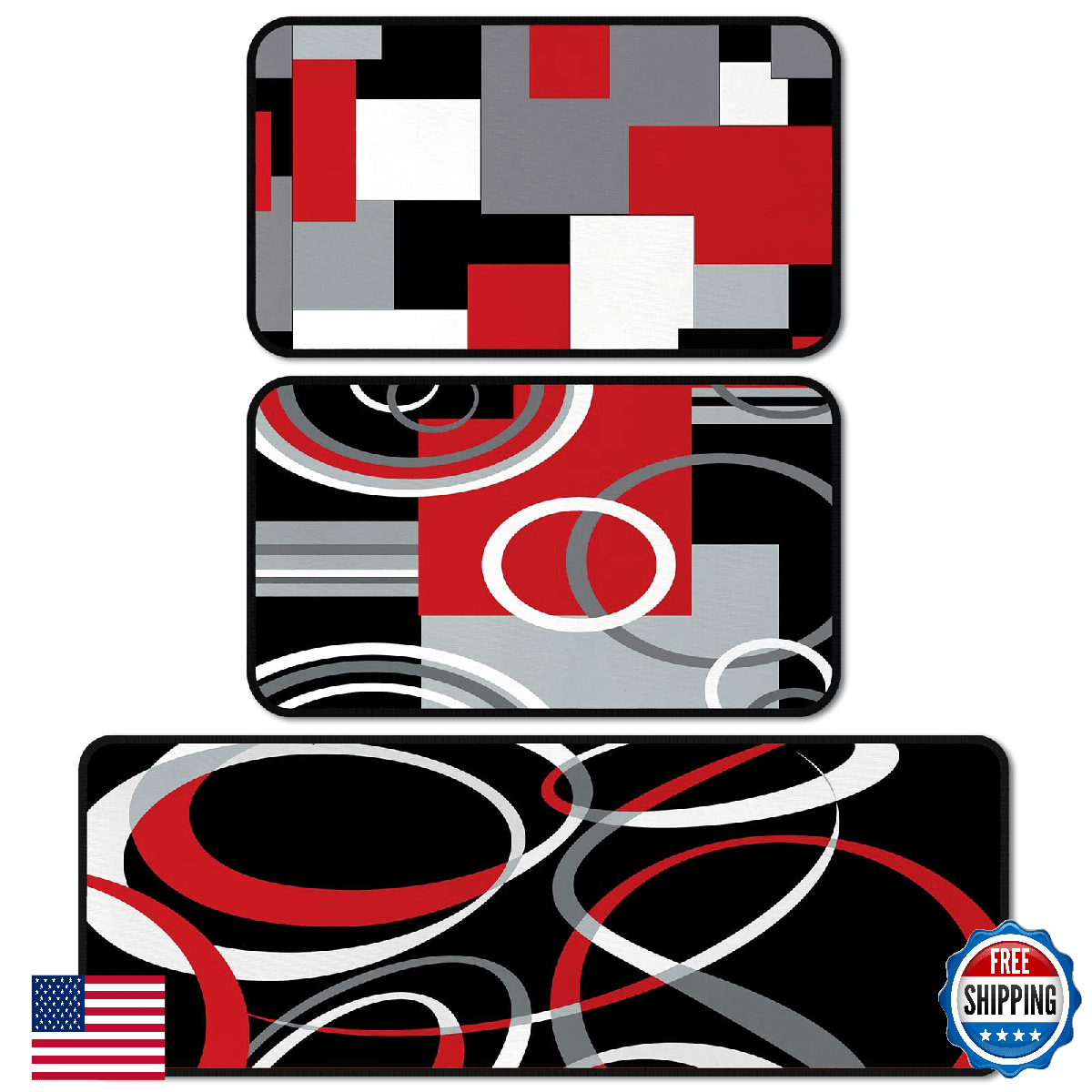Maasechs 3 Pcs Red Black Geometric Kitchen Rugs and Mats Set Anti Fatigue Floor - Image 1