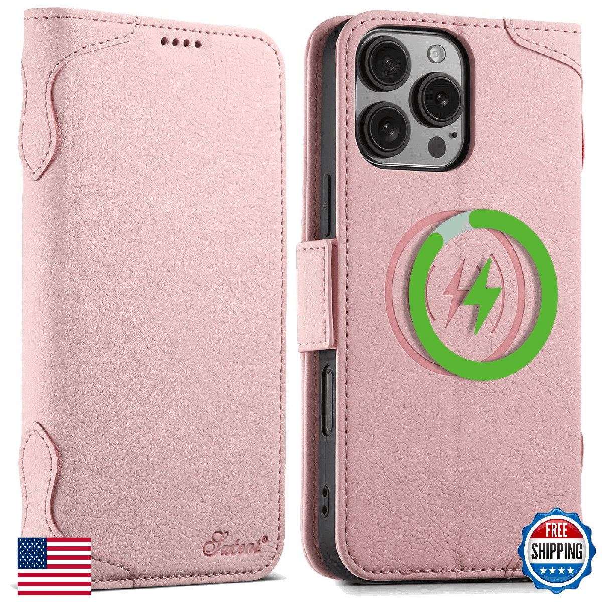 SINIANL iPhone 14 Pro Max Wallet Case MagSafe Leather Cover Card Slots Pink - Image 1