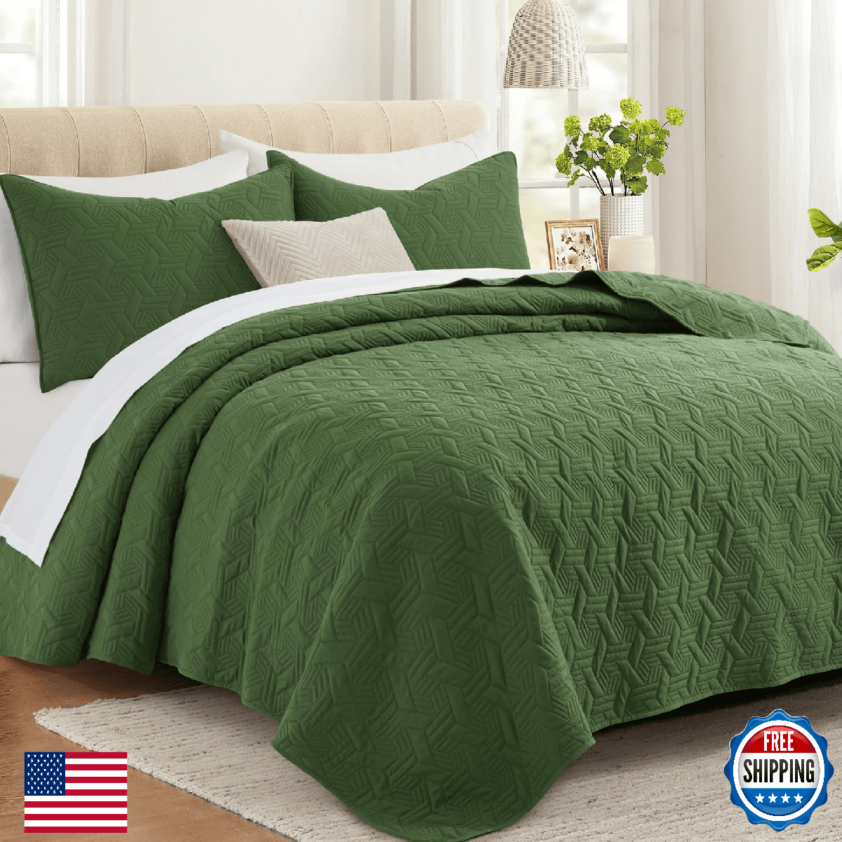 Lavsiry California King Quilt Set Olive Green Lightweight Summer Bedspread - Image 1