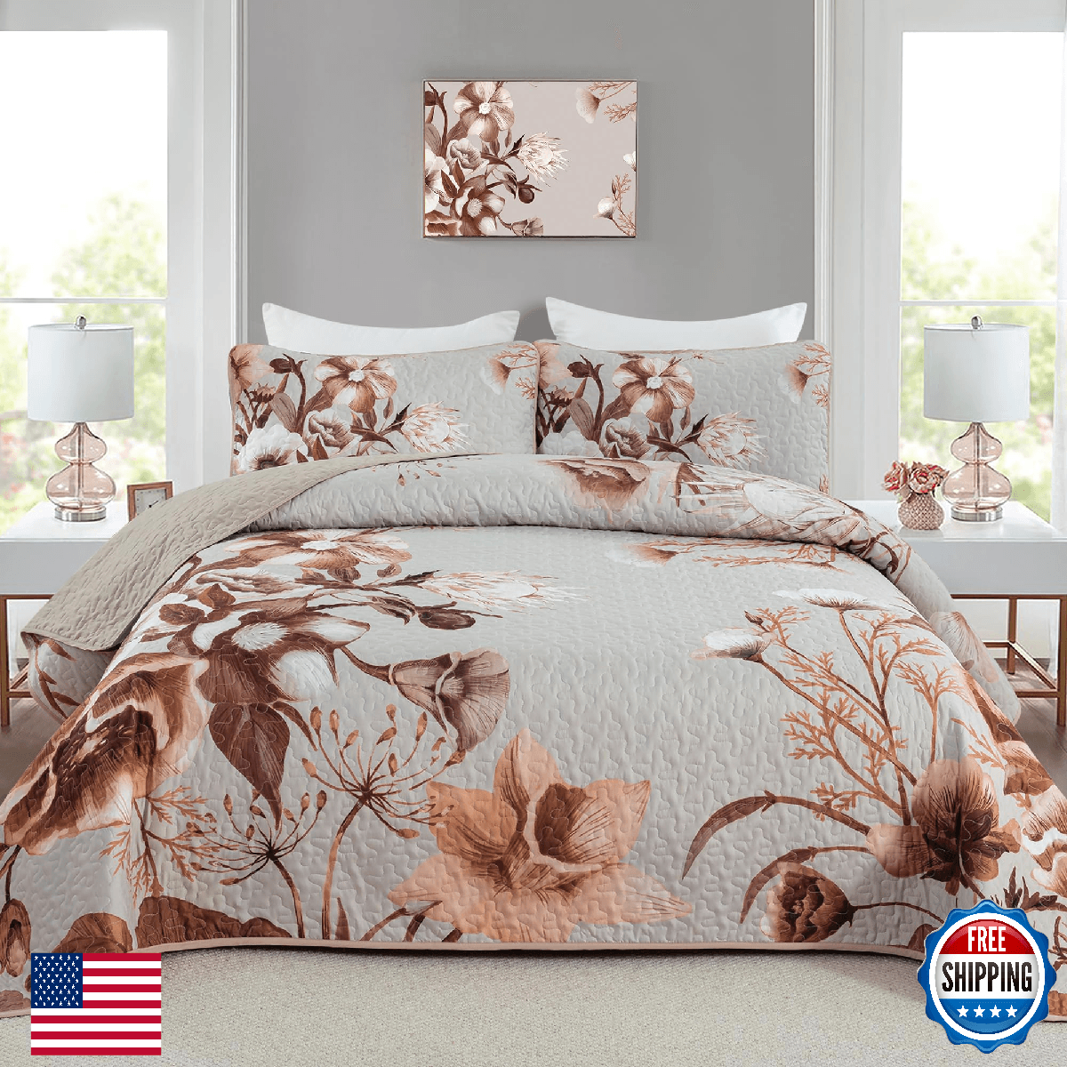 Khaki Quilt Set King Size Bedding Set 3 Pieces Boho Floral Quilt Bedspread Soft - Image 1