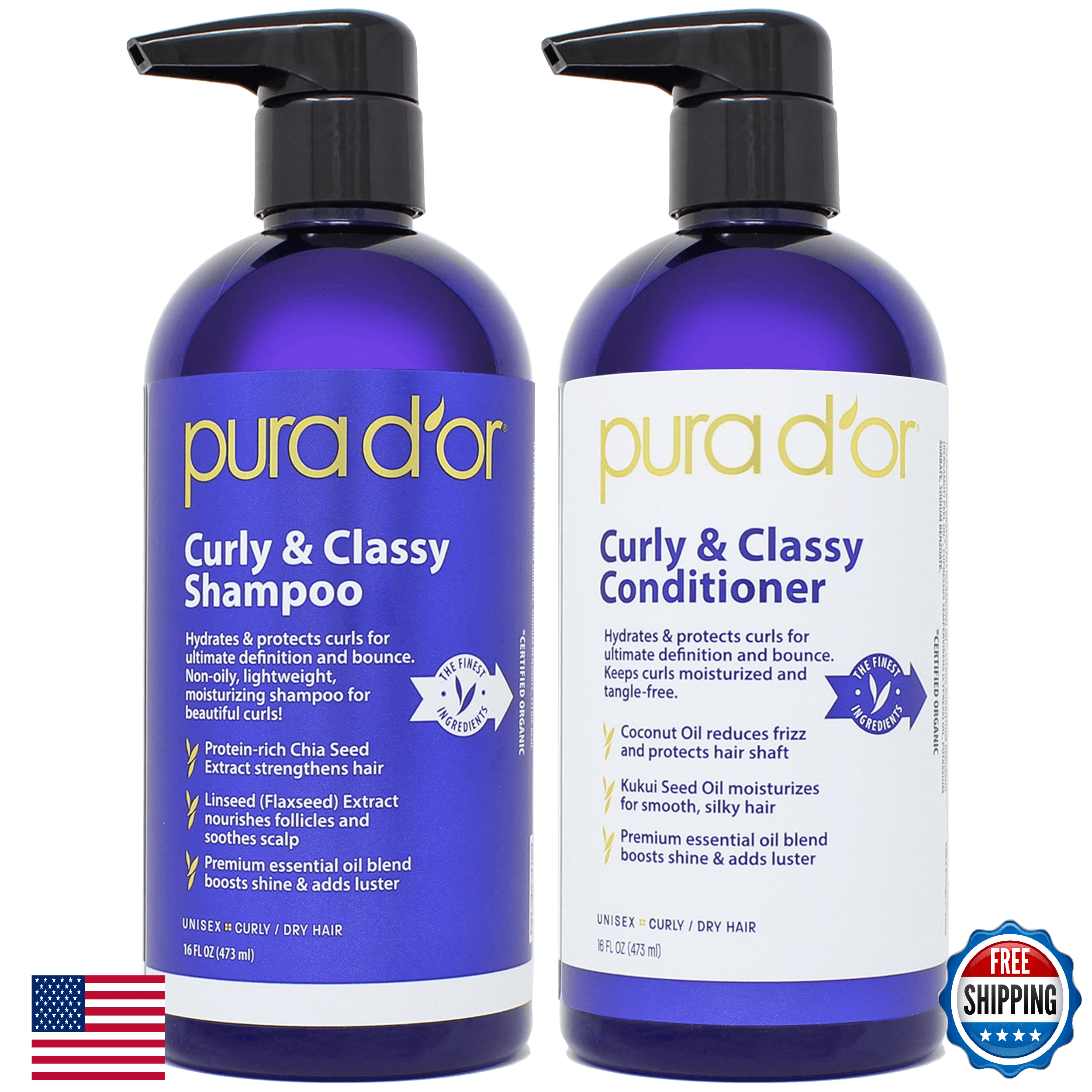 PURA D'OR Curly & Classy Shampoo & Conditioner Set - Defined Curls, Nourishing - Image 1