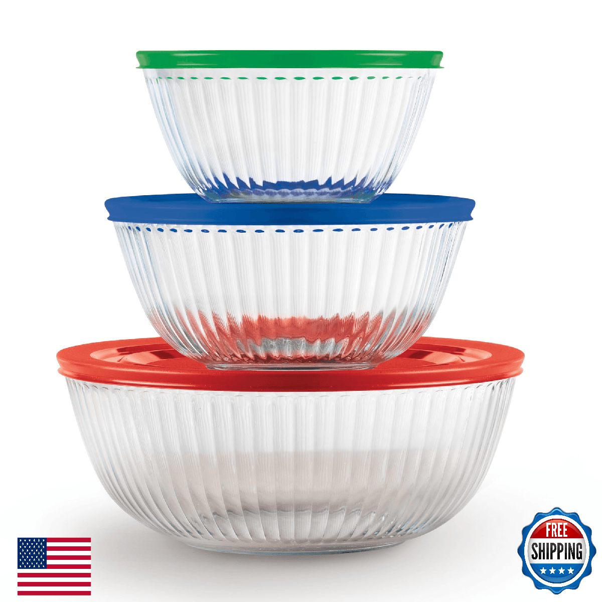 Pyrex Sculpted 3 Pack Glass Mixing Bowls Set with Plastic Lids for Prepping Baki - Image 1