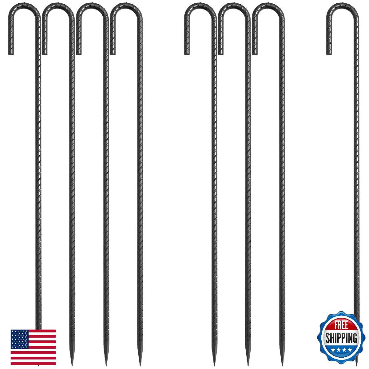 OK5STAR 24 Inch J Hook Rebar Stakes 3/8" Thick, 8 Pack Extra Heavy Duty Black E- - Image 1
