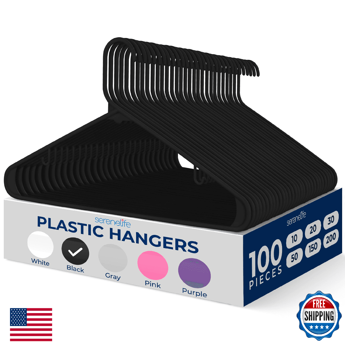 SereneLife 100 Pack Black Plastic Hangers – Ultra Lightweight Non-Slip Slim - Image 1