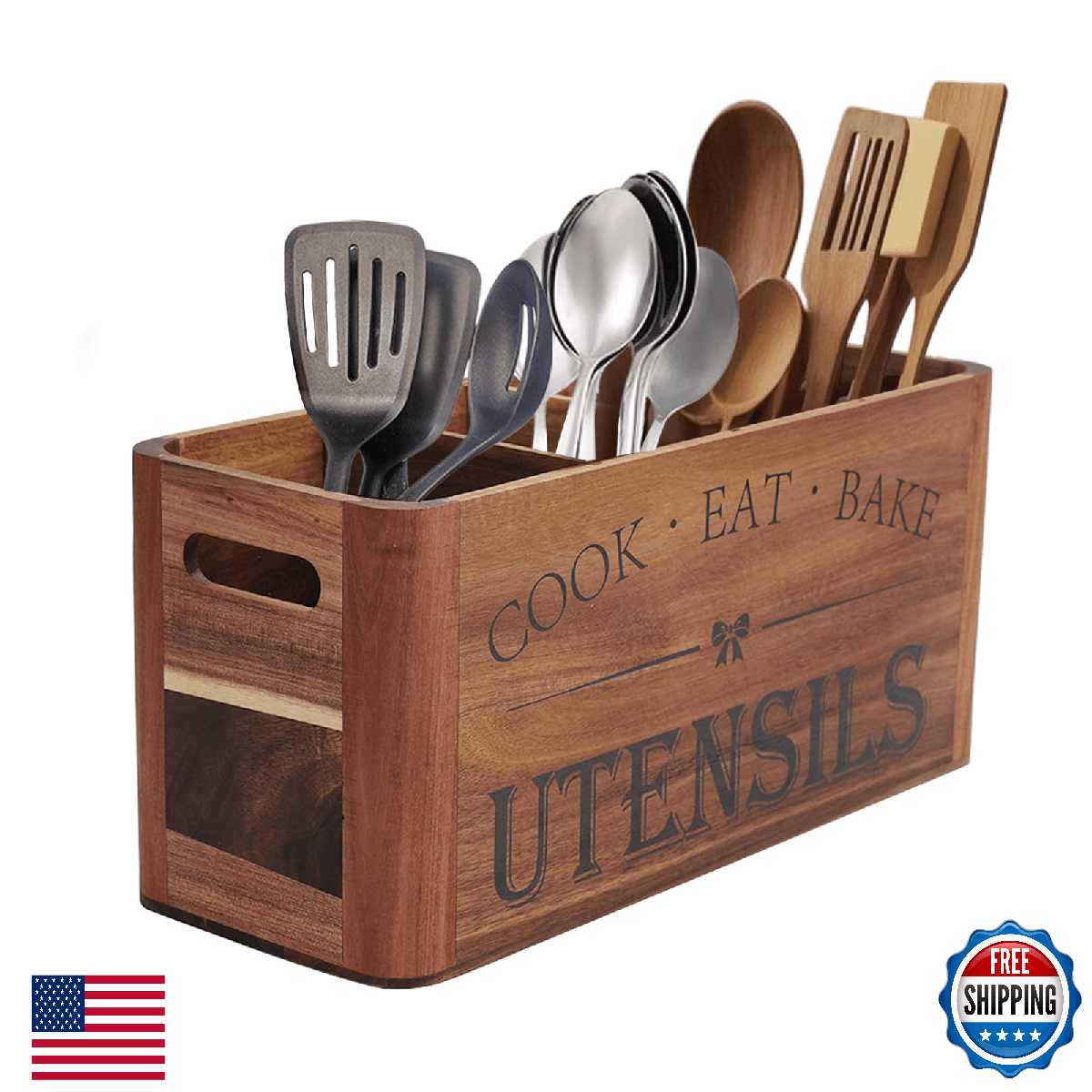 RMCOKGX Utensil Holder for Kitchen Countertop - Extra Large 4 Compartment Wooden - Image 1