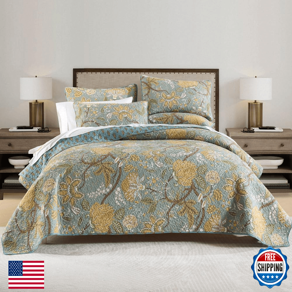 ENASAL Cotton Quilt Set Queen, Reversible Bedspread Comforter Floral Paisley - Image 1