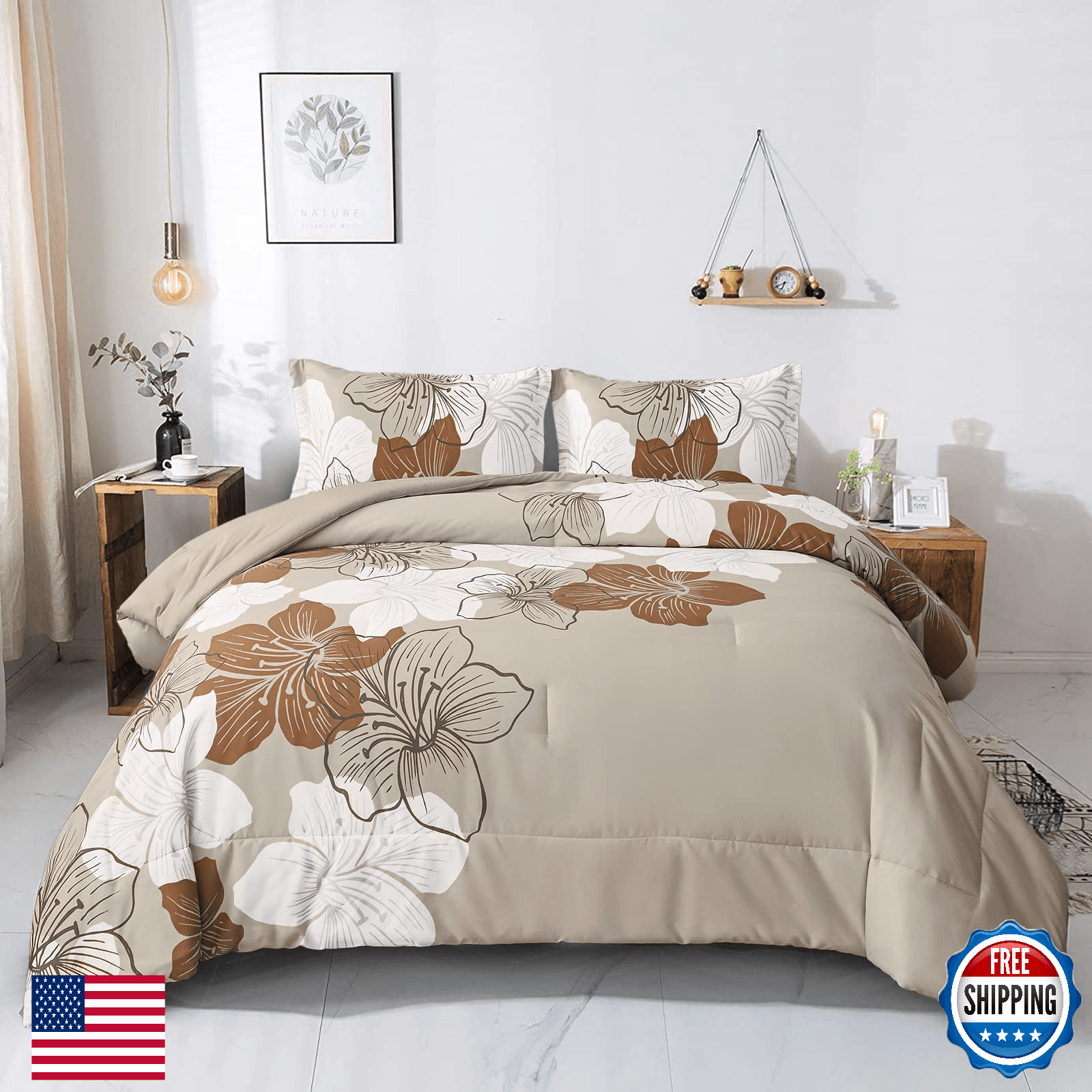Menghomeus Taupe Floral Comforter Set Full Botanical Bedding - Image 1