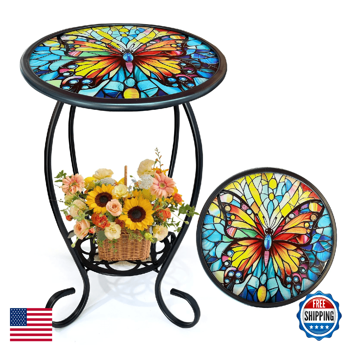 HONGLAND Outdoor Side Table, Mosaic 14" Round Patio Side Table, Butterfly Plant - Image 1