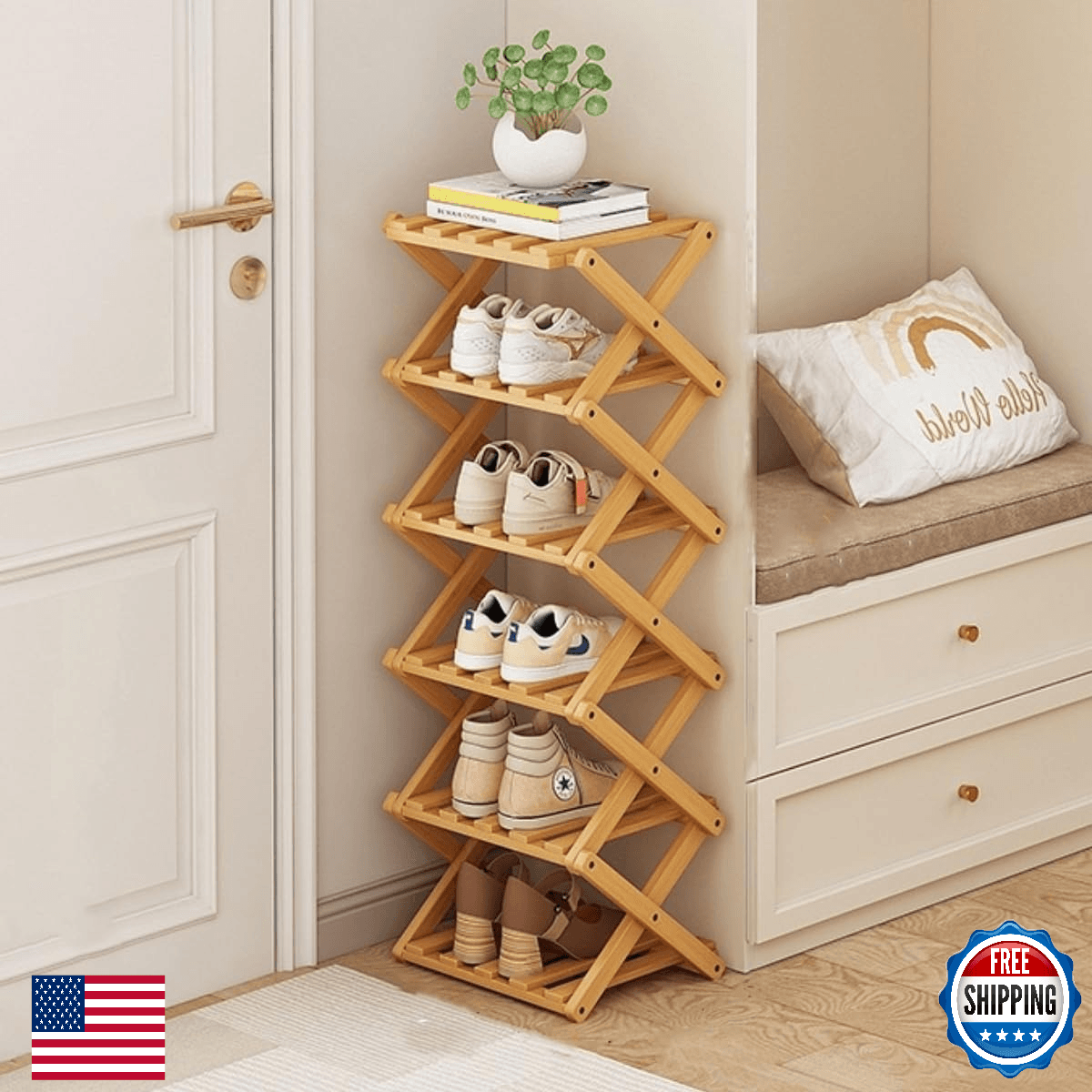 XZXWZX Foldable Bamboo Shoe Rack Vertical Organizer, Tall, Small Spaces - Image 1