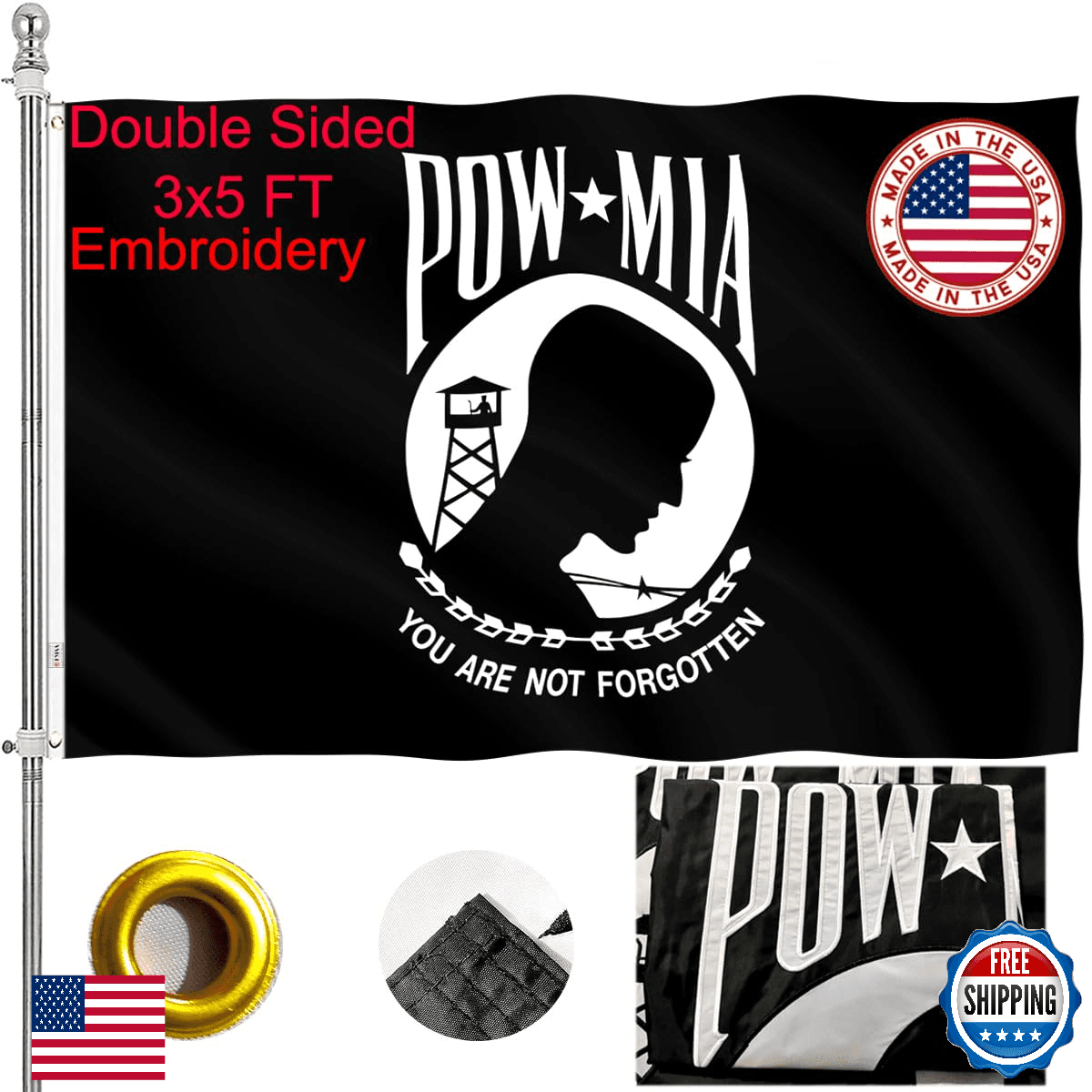 ZEKVY Embroidered Pow Flag 3x5 Outdoor Made in USA - Double Sided Heavy Duty Viv - Image 1