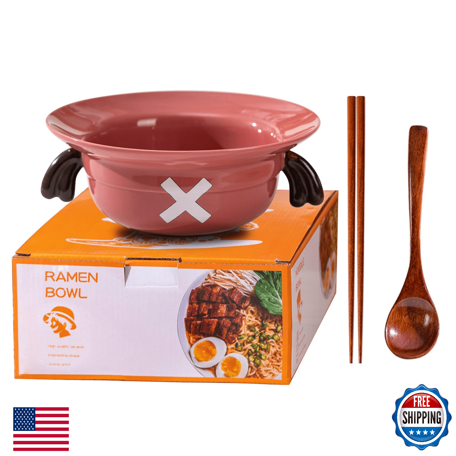 DVJEPJ Straw Hat Ramen Bowl Set - Ceramic Bowl, Wooden Spoon & Chopsticks for An - Image 1