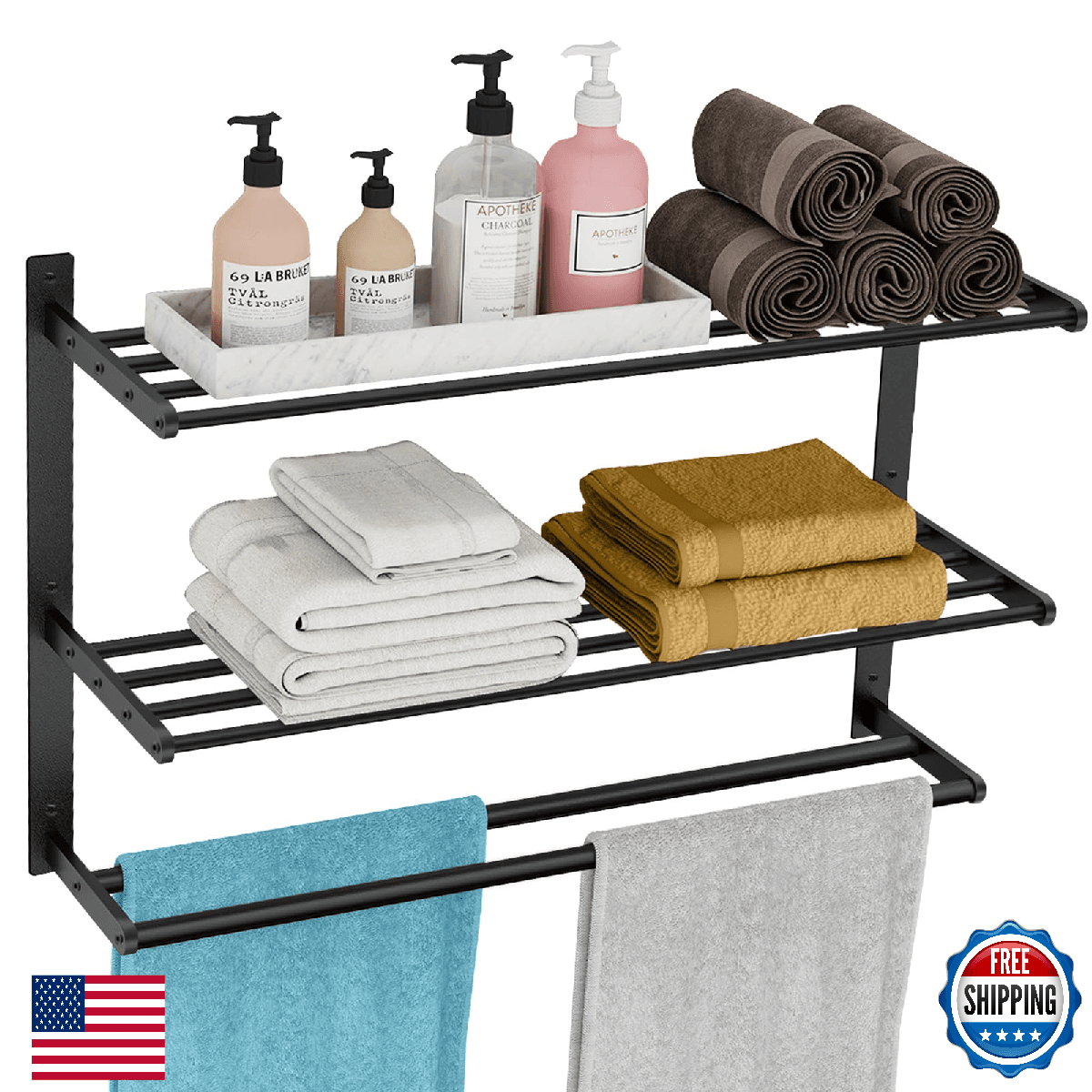 Towel Racks for Bathroom 24 Inch, 3 Tier Towel Shelf with Double Towel Bar, Wall - Image 1