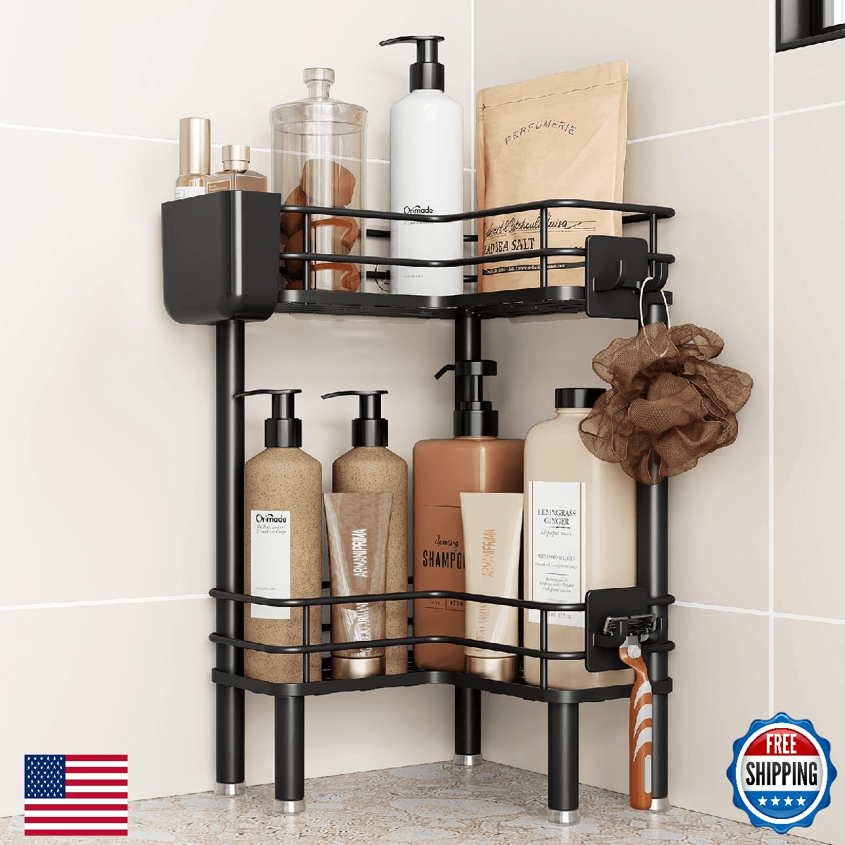Orimade Rustproof 2 Tier Floor Standing Corner Shower Caddy Organizer with Tooth - Image 1