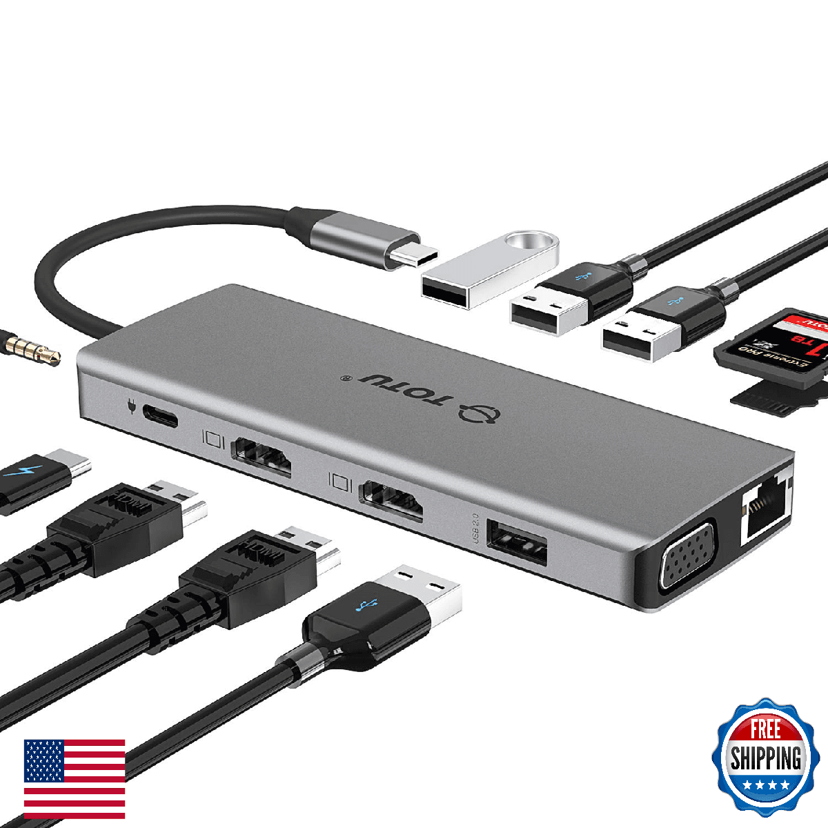 TOTU 13-in-1 USB-C Hub with Ethernet, 4K HDMI, VGA, PD, SD/TF Cards Reader, Mic/ - Image 1
