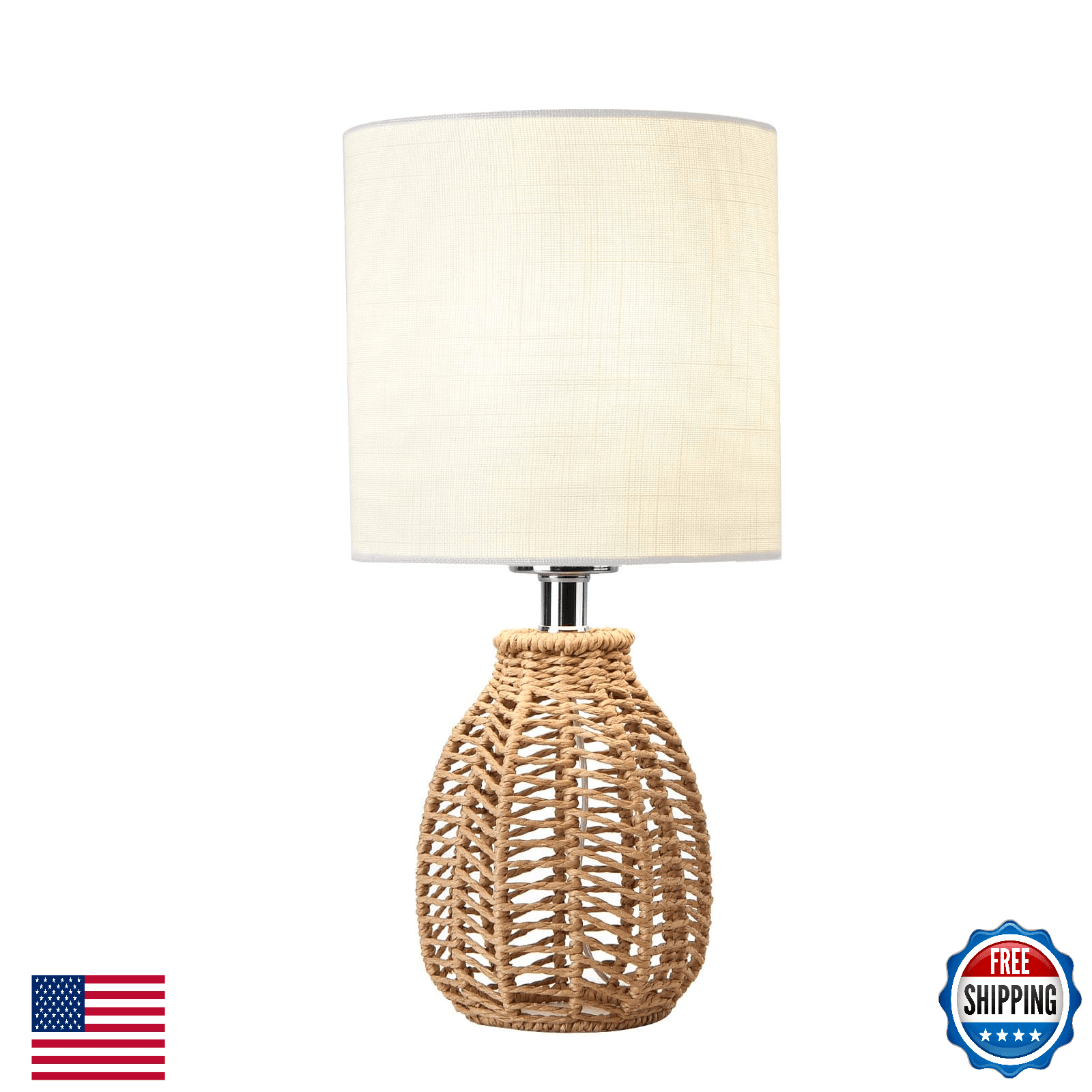 KUNJOULAM Rattan Table Lamp Small Nightstand Lamp Linen Lampshade Desk Bedside - Image 1