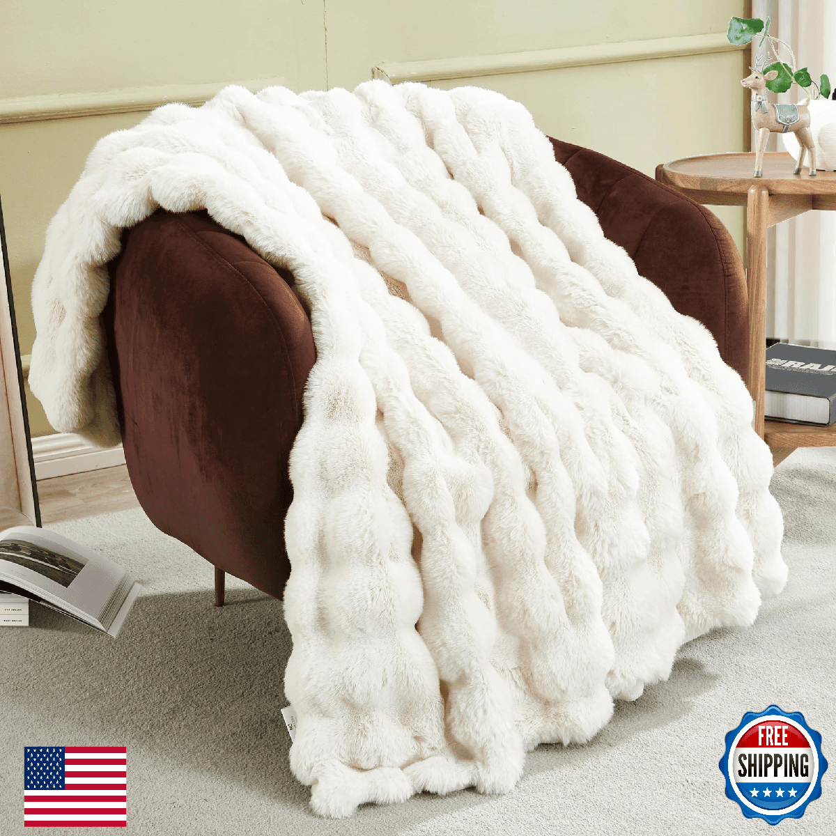JONIYEAR Soft Fuzzy Bubble Faux Rabbit Fur Throw Blanket for Couch Chair 50" x 6 - Image 1