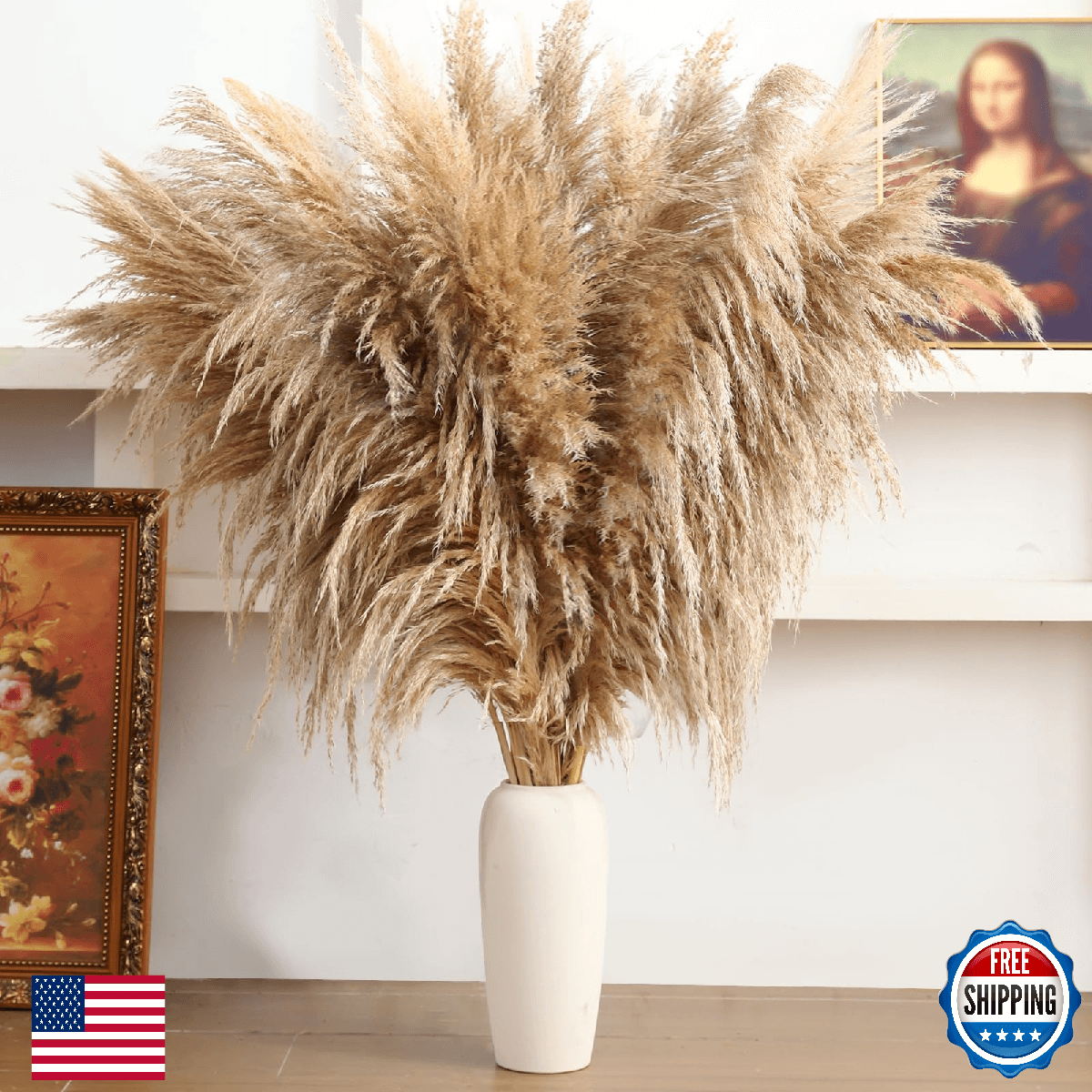 46" inch 11 Stems Natural Pampas Grass Tall Decor,Pompas Grass,Large Borwn Tall - Image 1