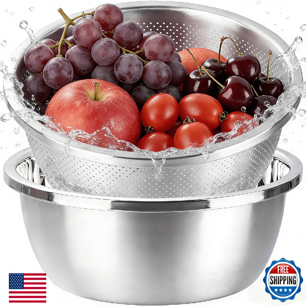 Cluren Colander and Bowl Set 3.1QT 2-in-1 Thick Stainless Steel Kitchen Strainer - Image 1