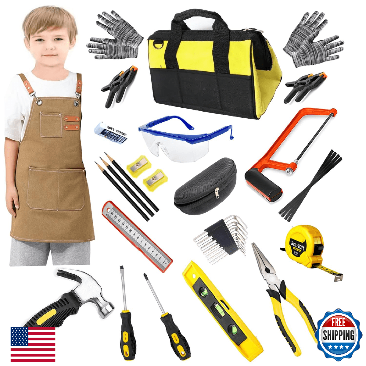 QeeHeng Kids Real Tools Set, Woodworking Tool Set, 38 Pieces with Tool Bag, Wood - Image 1