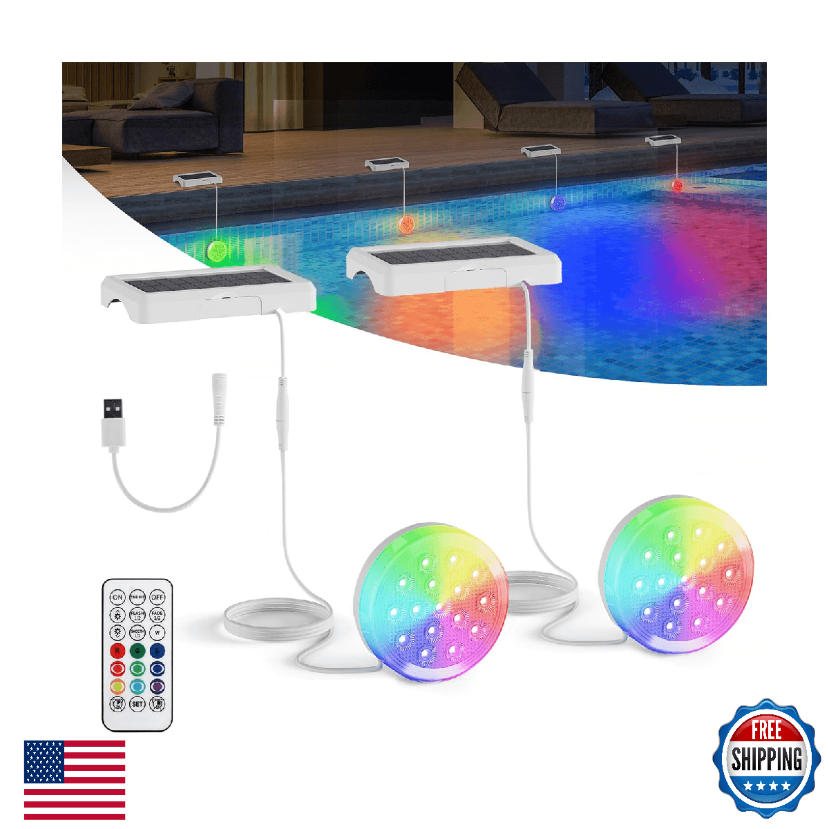 QOLNBY 2-in-1 Solar Pool Lights, USB Rechargeable Pool Lights with Remote, 4.55 - Image 1