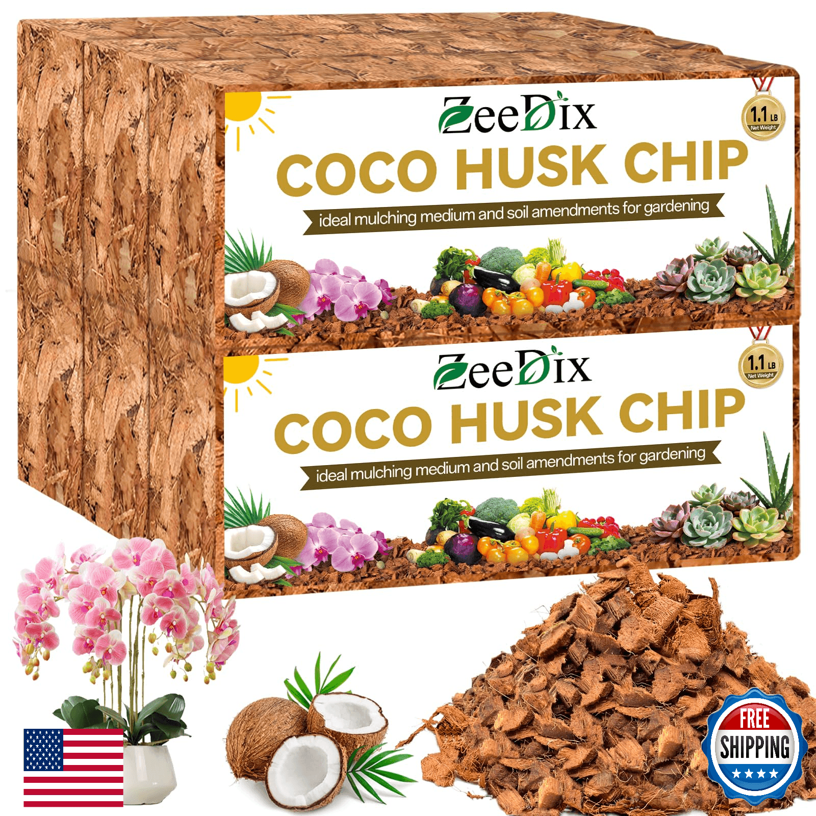 Zeedix 6 Pack Coco Husk Chips for Plants, 100% Organic Coconut Chips Mulch with - Image 1