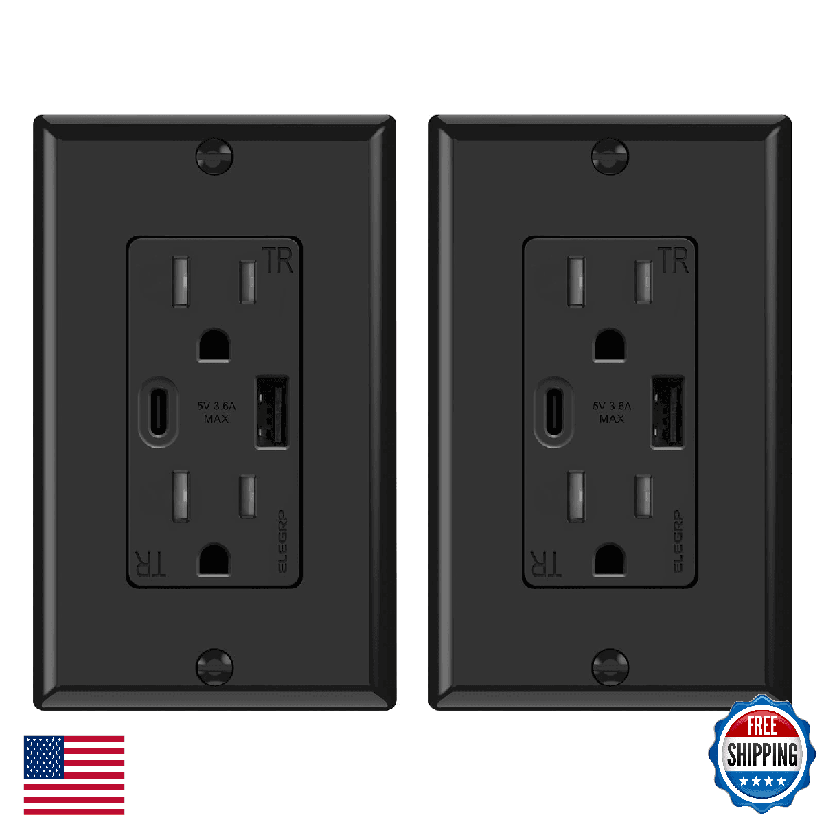 ELEGRP USB Wall Outlets 15A Receptacles Tamper Resistant USB A C Wall Plate Blac - Image 1