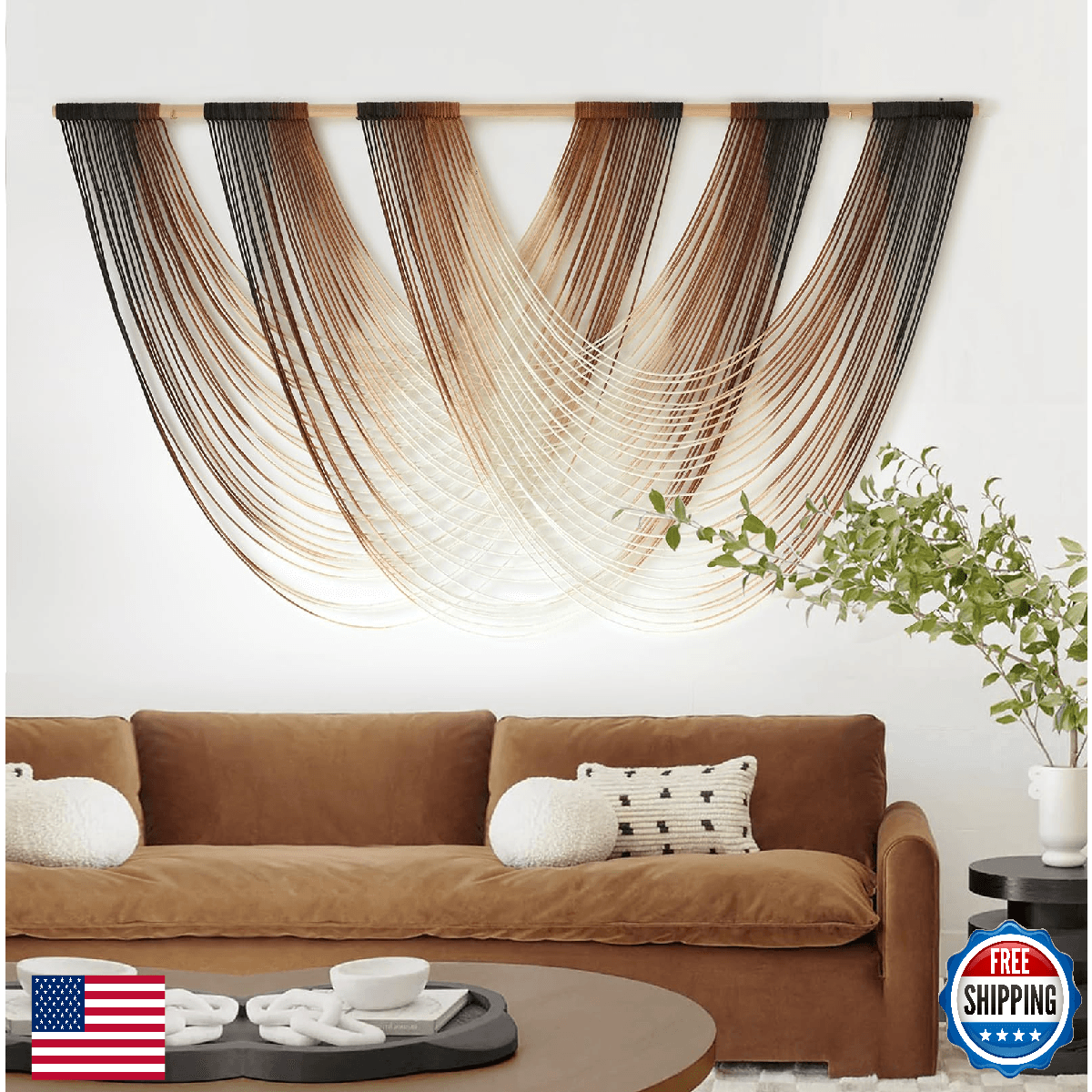 Macrame Wall Hanging Brown Dip Dyed Large Fiber Art Boho Decor 59"x33" - Image 1