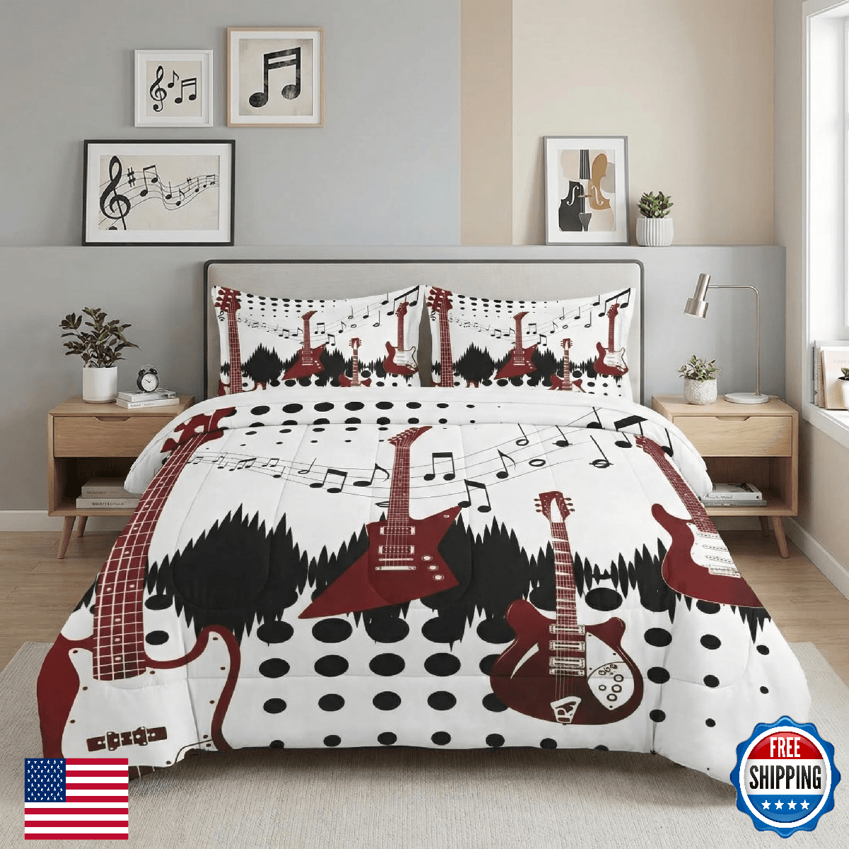 WeCozy Full Size Comforter Set, Guitar Rock Music, 3 Pcs Bedding, 80"x90" - Image 1