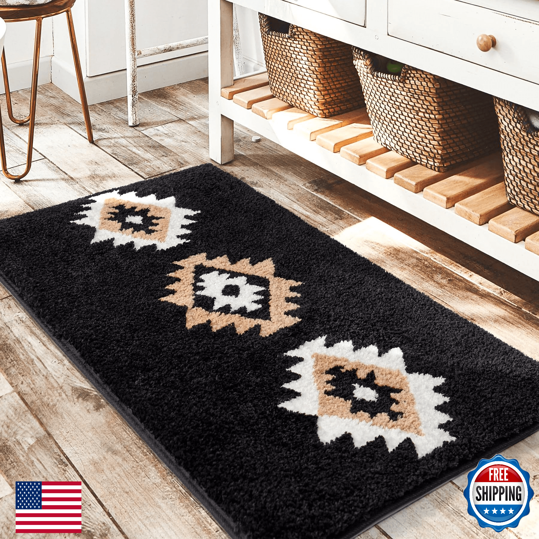 DEXDE Black Boho Aztec 20x32 Bath Rug, Plush Microfiber Non-Slip Washable Mat - Image 1