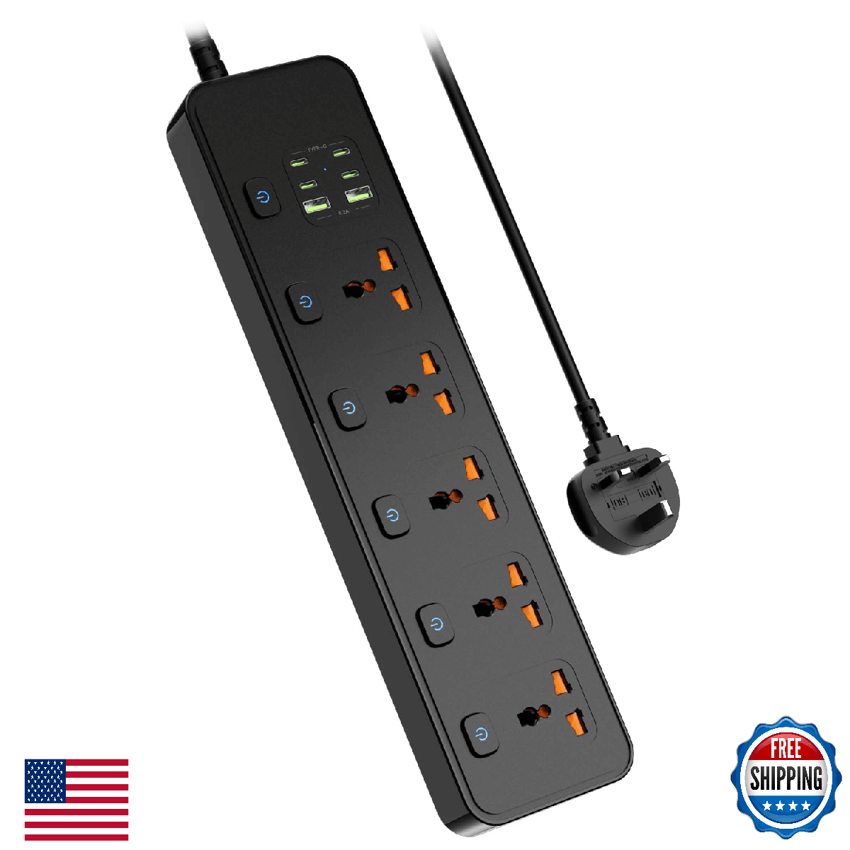 Universal Power Strip with USB Ports, Individual Swtich, 6ft Power Cord, 5 Unive - Image 1