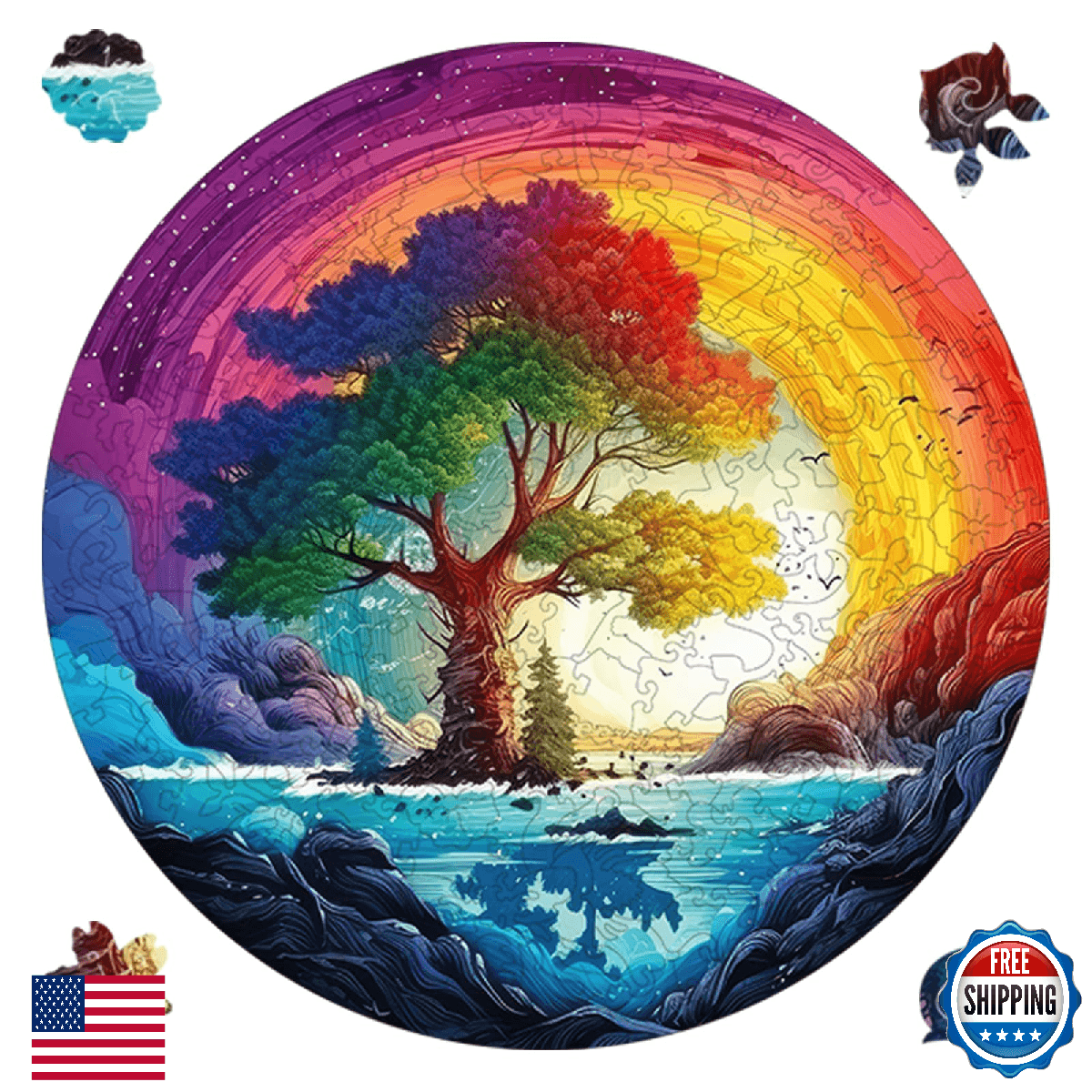 Reouinty Puzzles for Adults 500 Piece, Life Tree Rainbow Waterfall Jigsaw Puzzle - Image 1