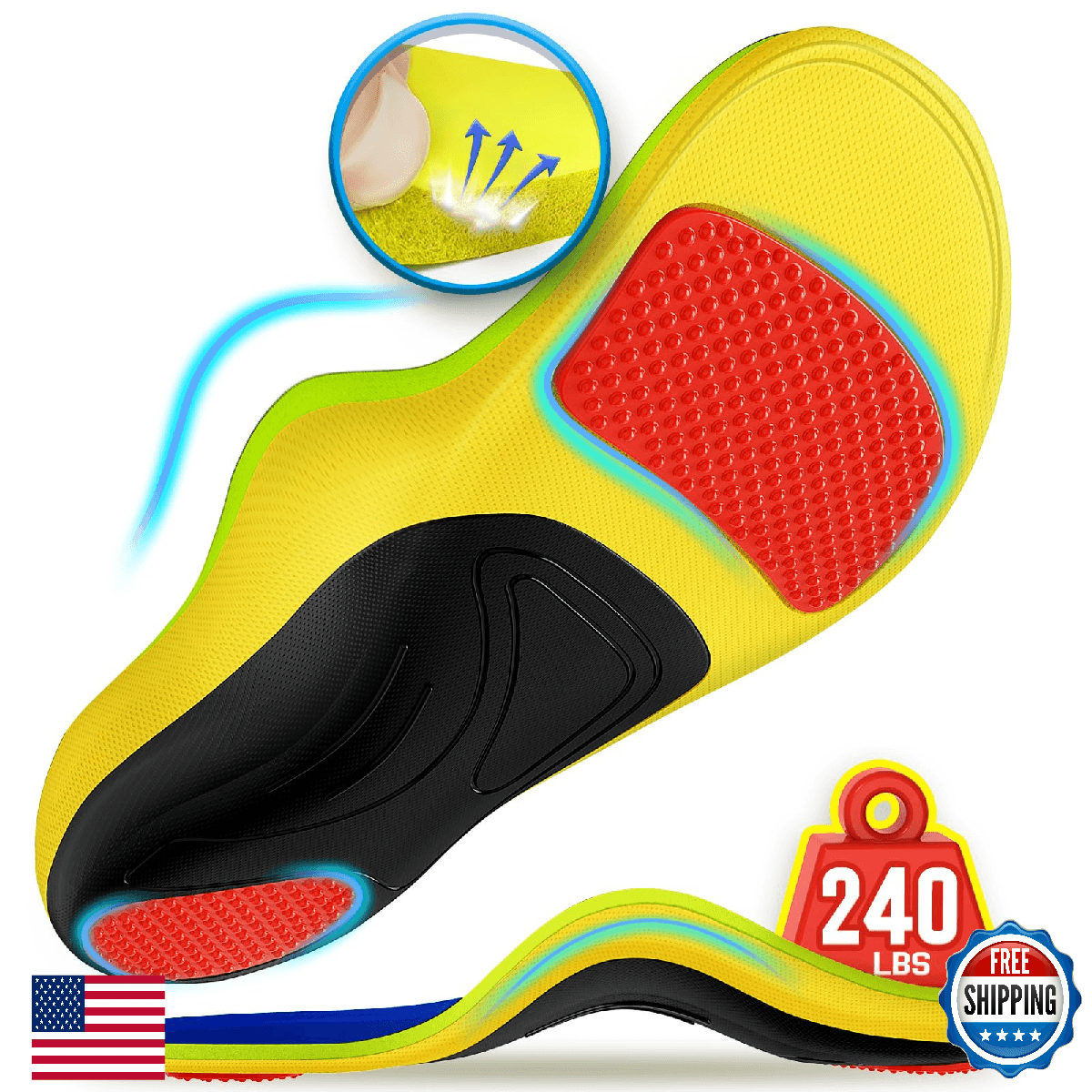 240+lbs Plantar Fasciitis Relief Insoles Men Women - Memory Foam Shoe Inserts - Image 1
