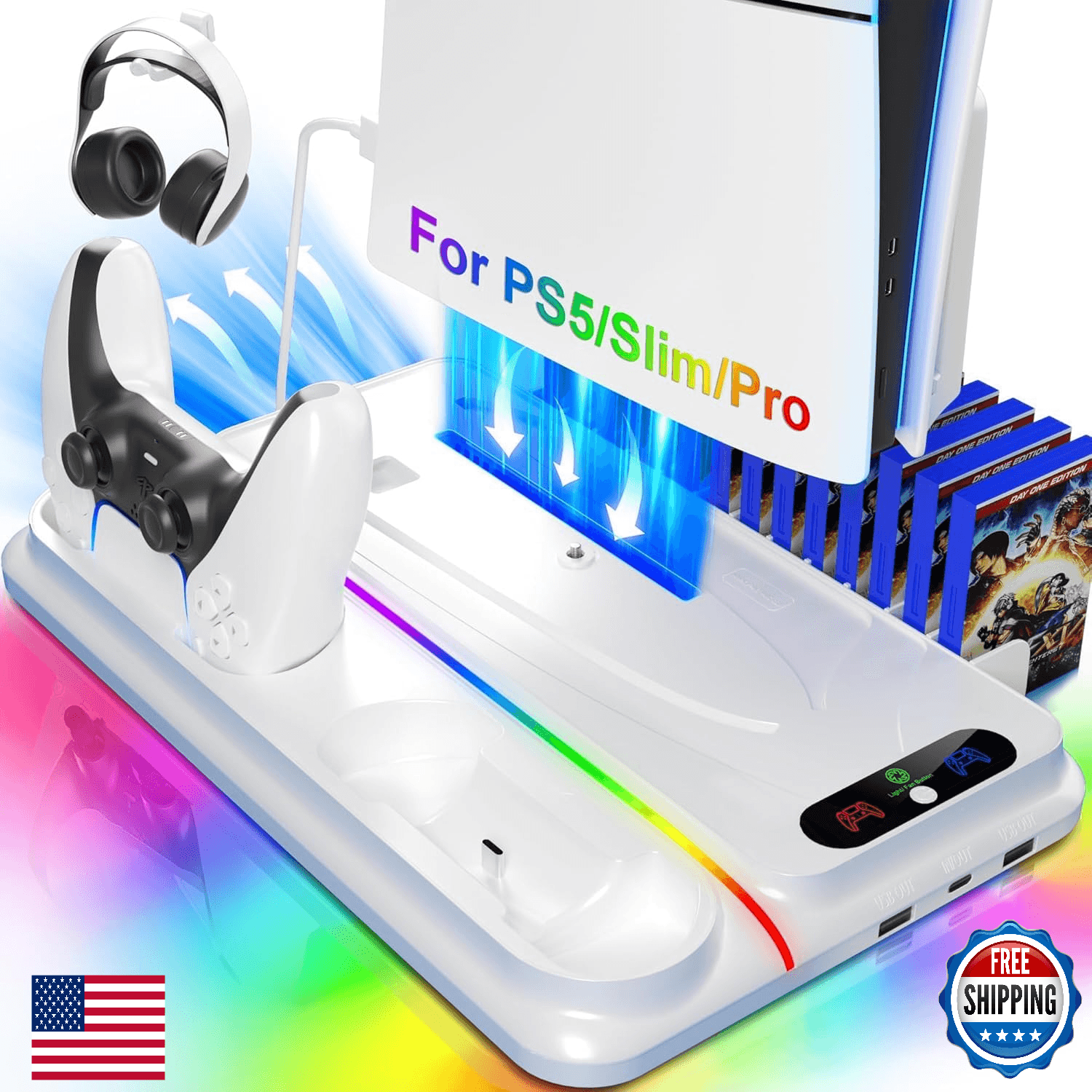 PS5 Cooling Station w/ Dual Charger, RGB Fan for PS5/Slim/Pro Consoles - Image 1