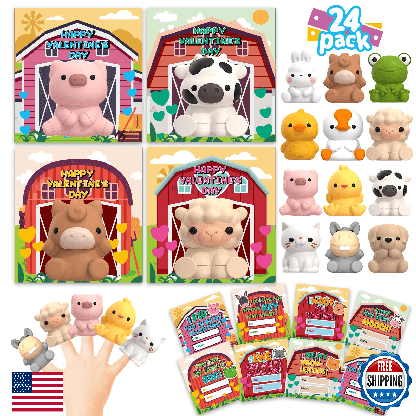 AuroTops 24 Pack Farm Animal Finger Puppets with Unique Cards, Valentine Party F - Image 1