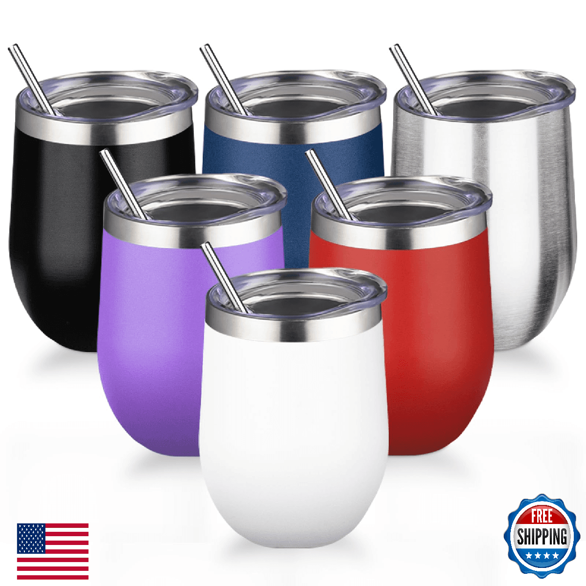 12oz/6 Pack Stainless Steel Wine Tumbler with Lid and Straw, Double Wall Vacuum - Image 1