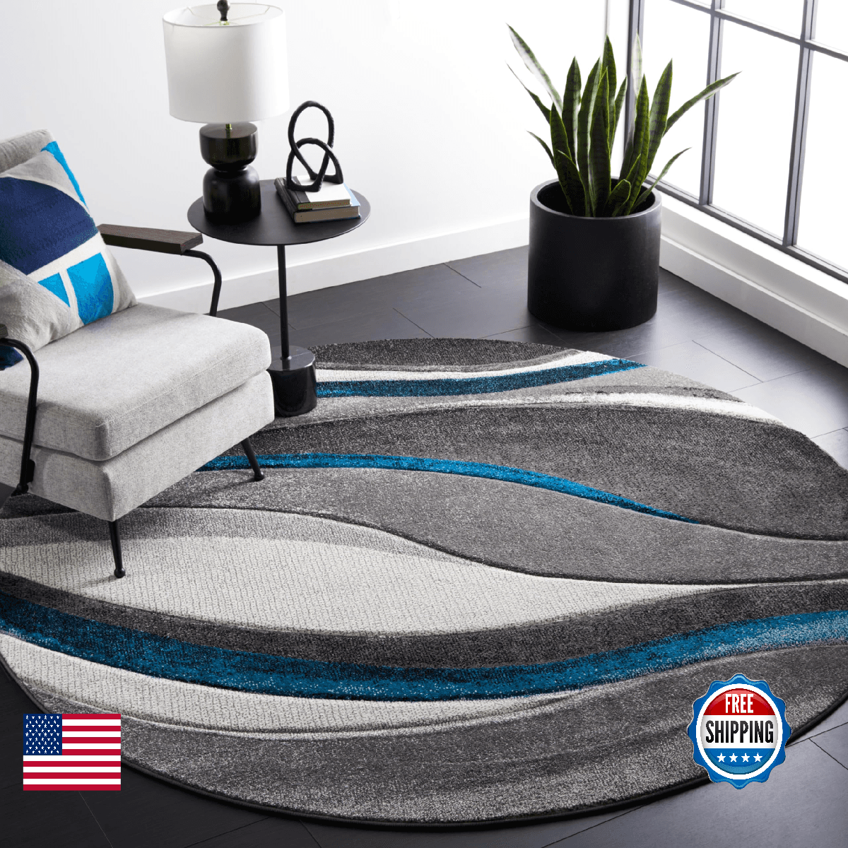 SAFAVIEH Hollywood Collection Area Rug - 3' Round, Grey & Turquoise, Modern Desi - Image 1
