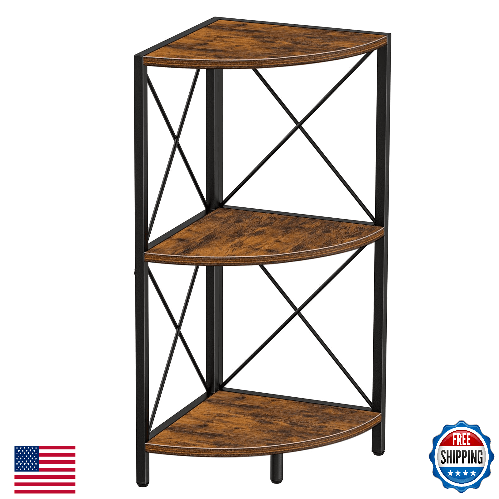 Snughome Corner Shelf with Metal Frame, 3 Tier Rustic Corner Storage Organizer, - Image 1