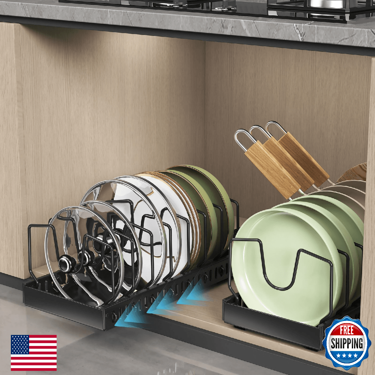 2PCS Black Pot Lid Organizer, Pull-out Pots and Pans Organizer, Under Cabinet Po - Image 1