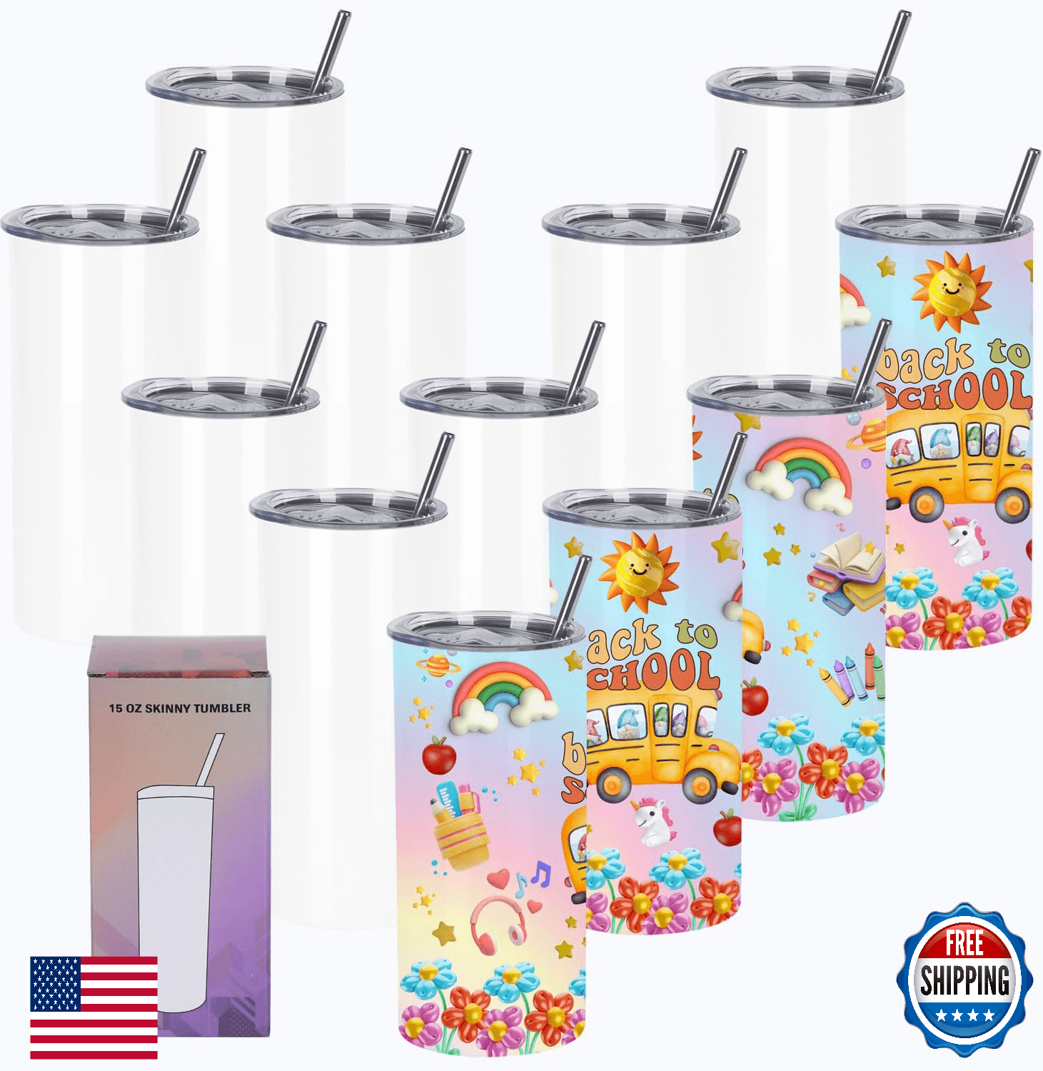 Wzaytia 15 Oz Sublimation Tumblers Blank (12 Pack) Skinny Straight Kids - Image 1