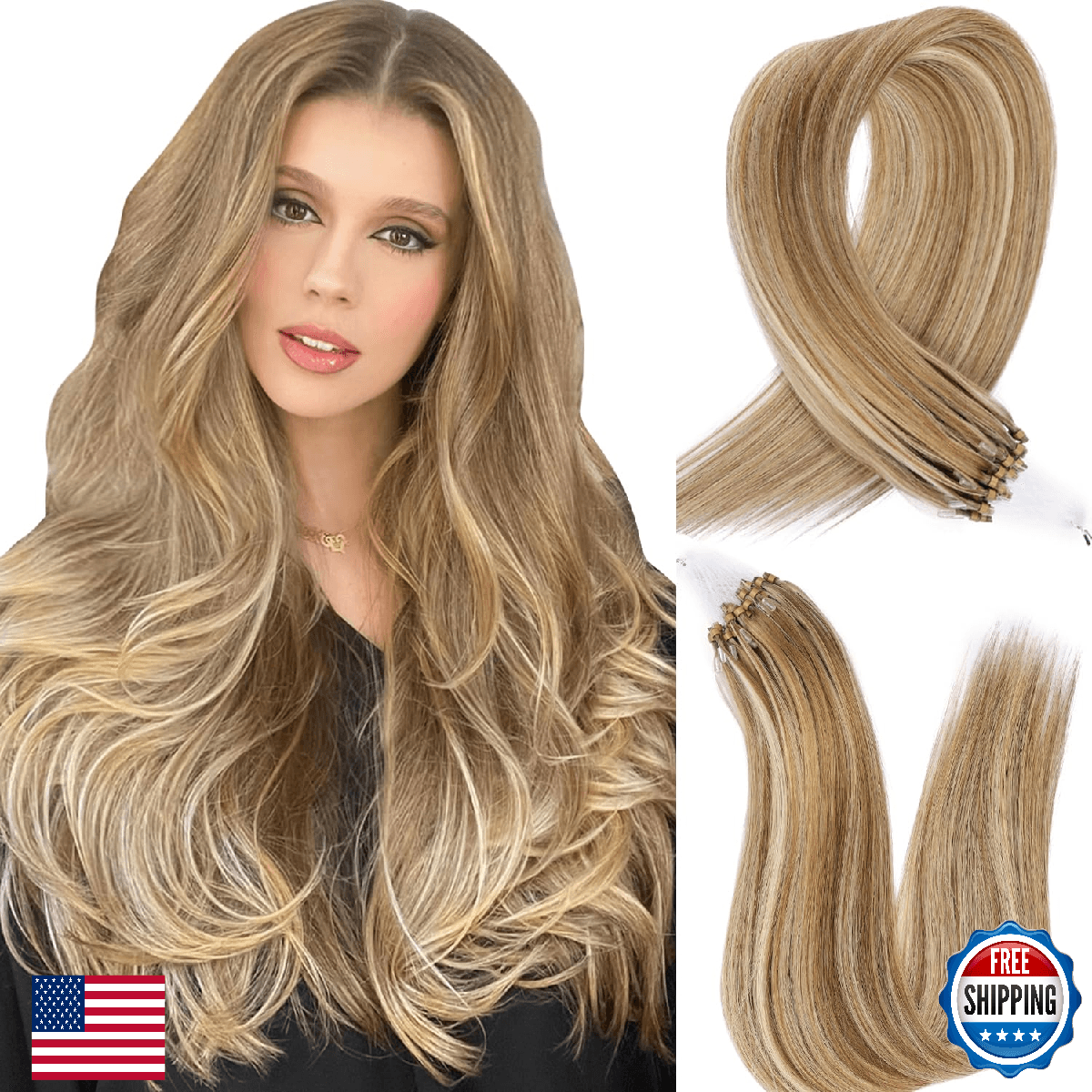 DIYOMO Microlink Hair Extensions Human Hair #760 Brown Balayage Light Brown - Image 1