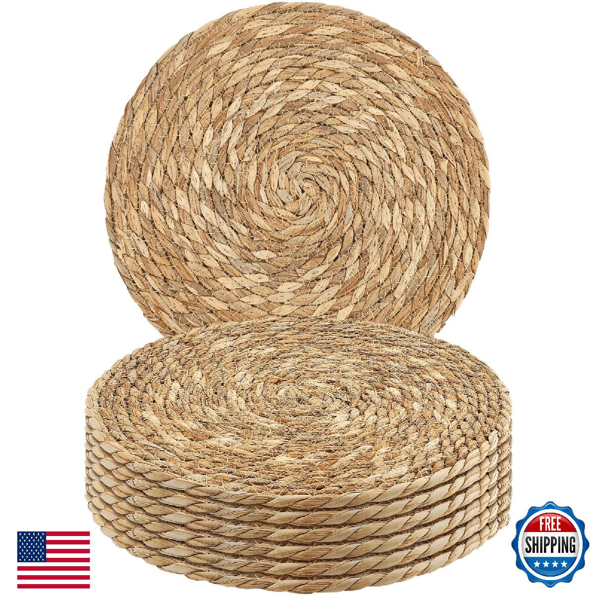 Kochorie Set of 6 Round Woven Placemats - 13.8 Inches Natural Boho Rattan Wicker - Image 1