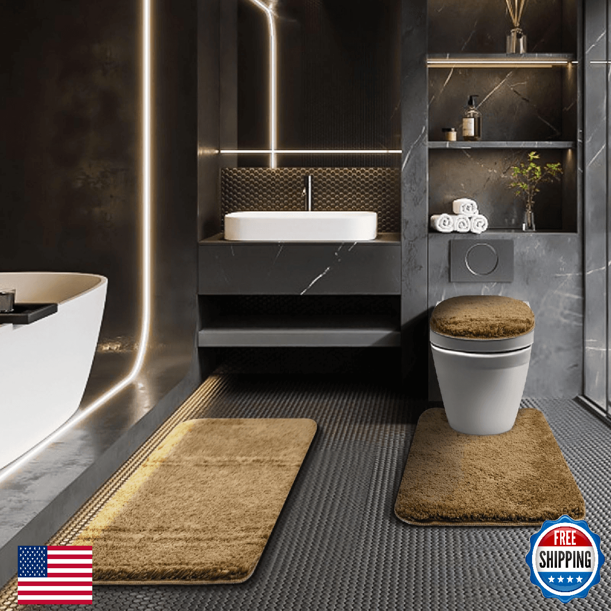 Baahrnom 3 PC Bathroom Rug Set: Bath, Toilet Mat & Adjustable Lid Cover 17.5"x15 - Image 1