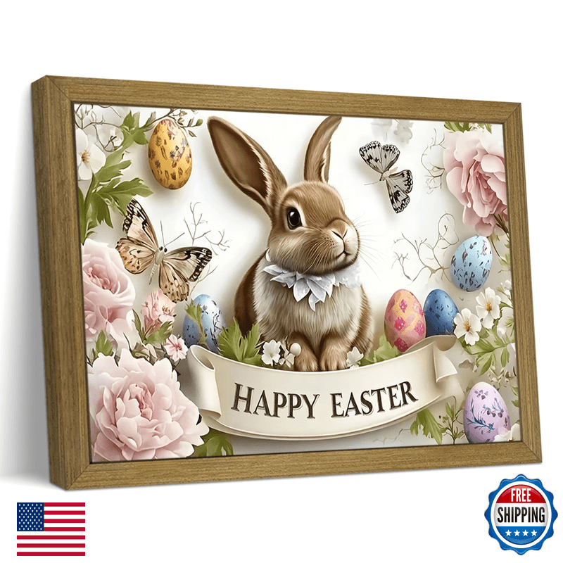 Arkzsho Framed Easter Bunny Wall Art Vintage Holiday Decor Oil Painting Rustic - Image 1