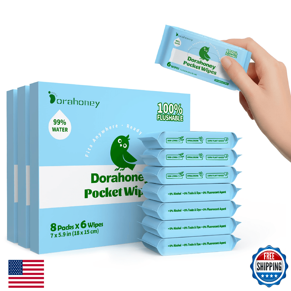 Dorahoney Flushable Wipes Travel Size Mini Wet Wipes Sensitive Skin Hypoallergen - Image 1