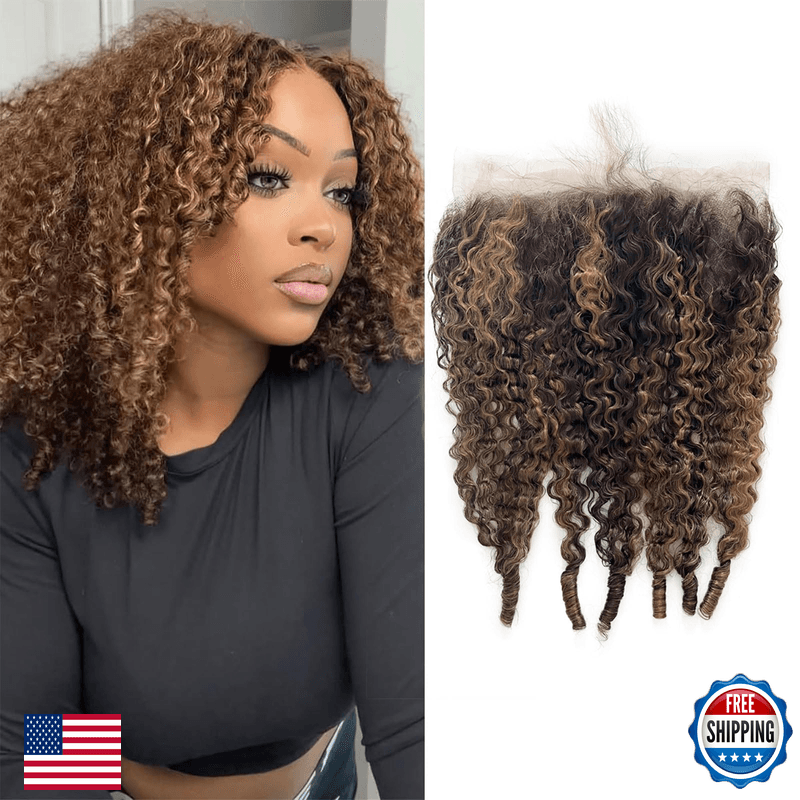 Vipwomen Honey Blonde 360 Lace Frontal Human Hair Burmese Curly 4/27 Highlight - Image 1