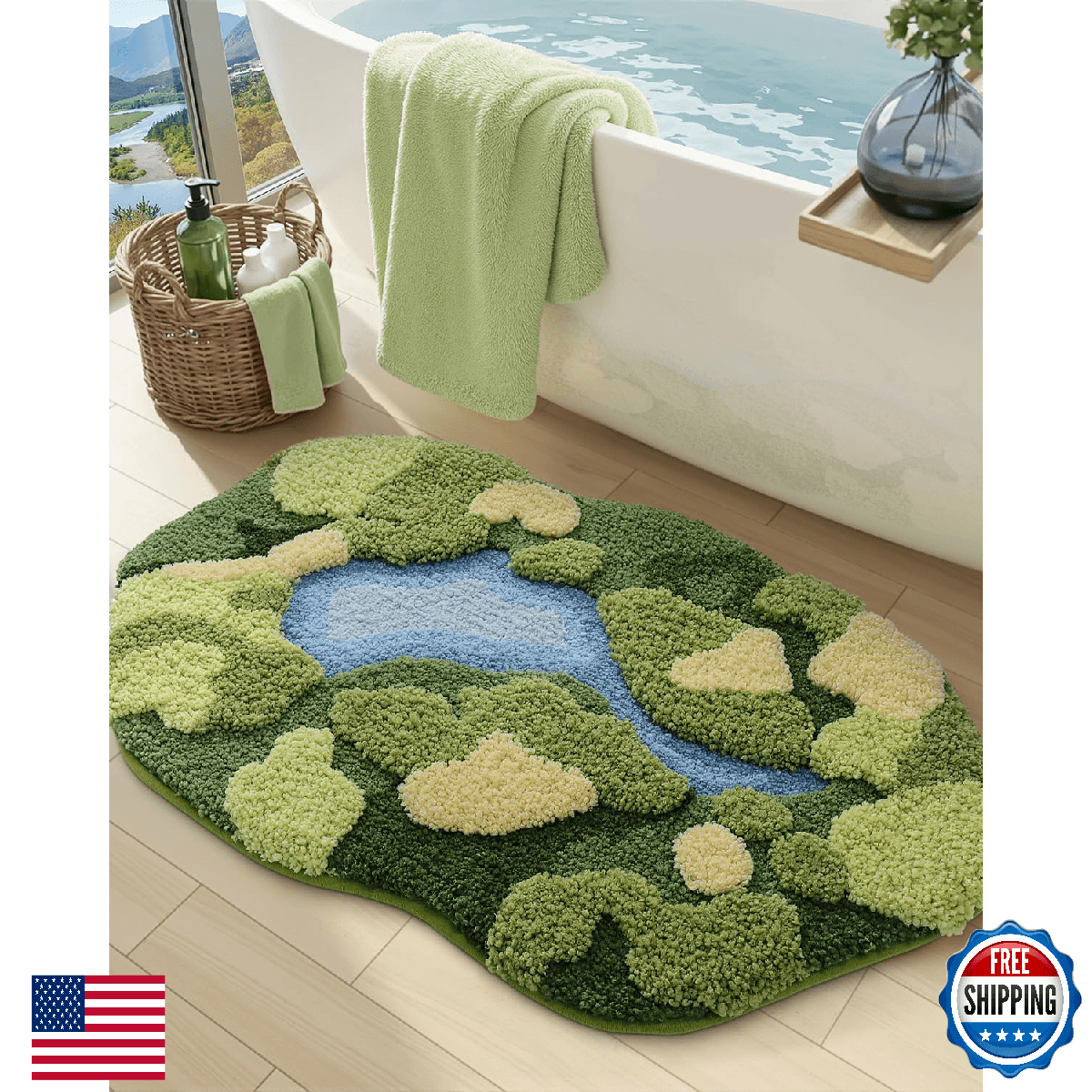 DEXI Moss Bath Mat, Ultra Thick Soft Green Bathroom Rug, Absorbent, Non-Slip - Image 1