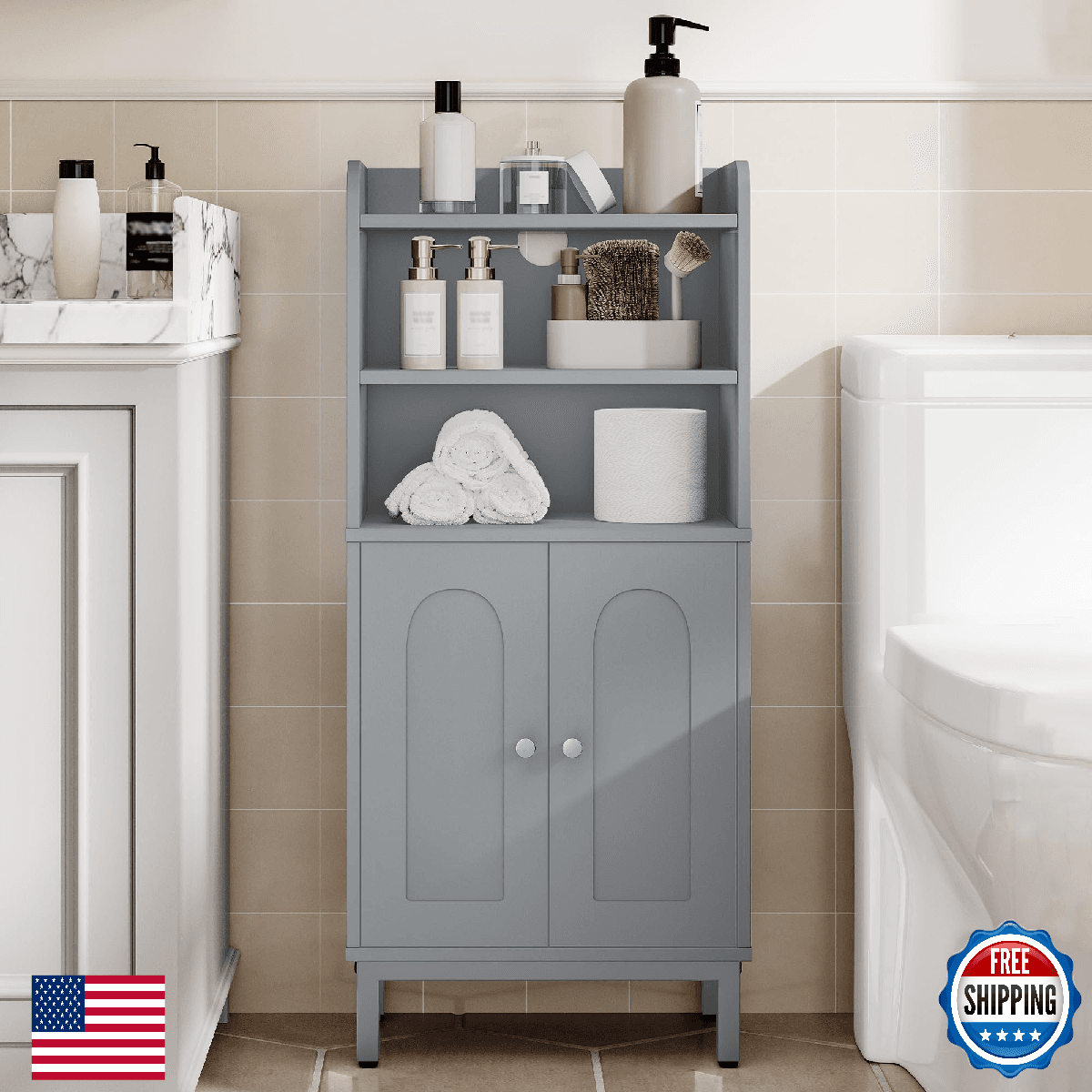 Hzuaneri Bathroom Storage Cabinet Small Floor Cabinet 2 Door Shelves Toilet Pape - Image 1